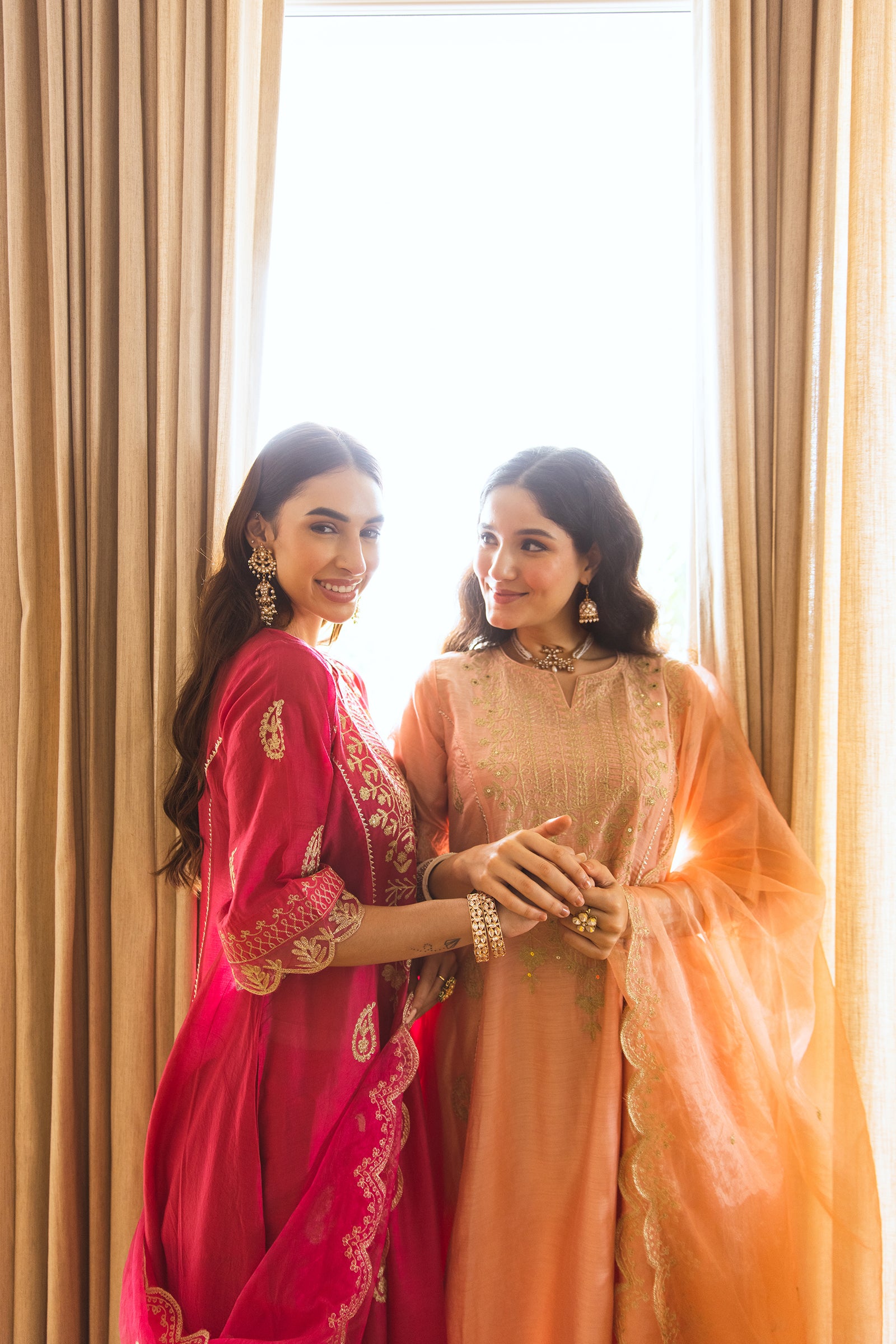 Peach Chanderi Heavy Neck Embroidery Three Kali Suit Set - Asrumo