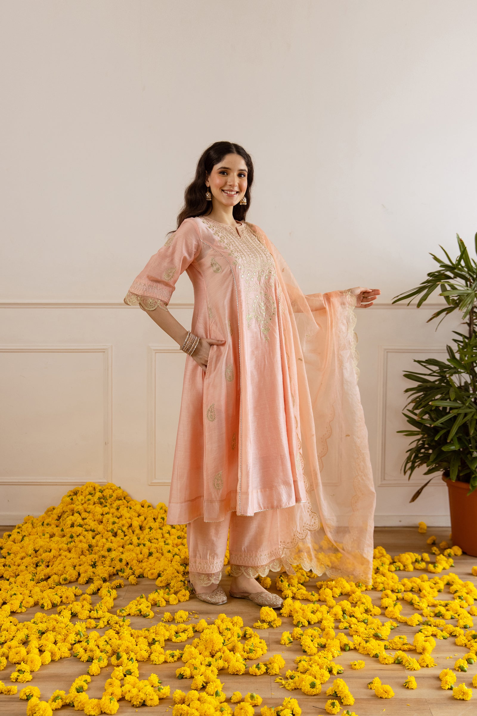 Peach Chanderi Heavy Neck Embroidery Three Kali Suit Set - Asrumo