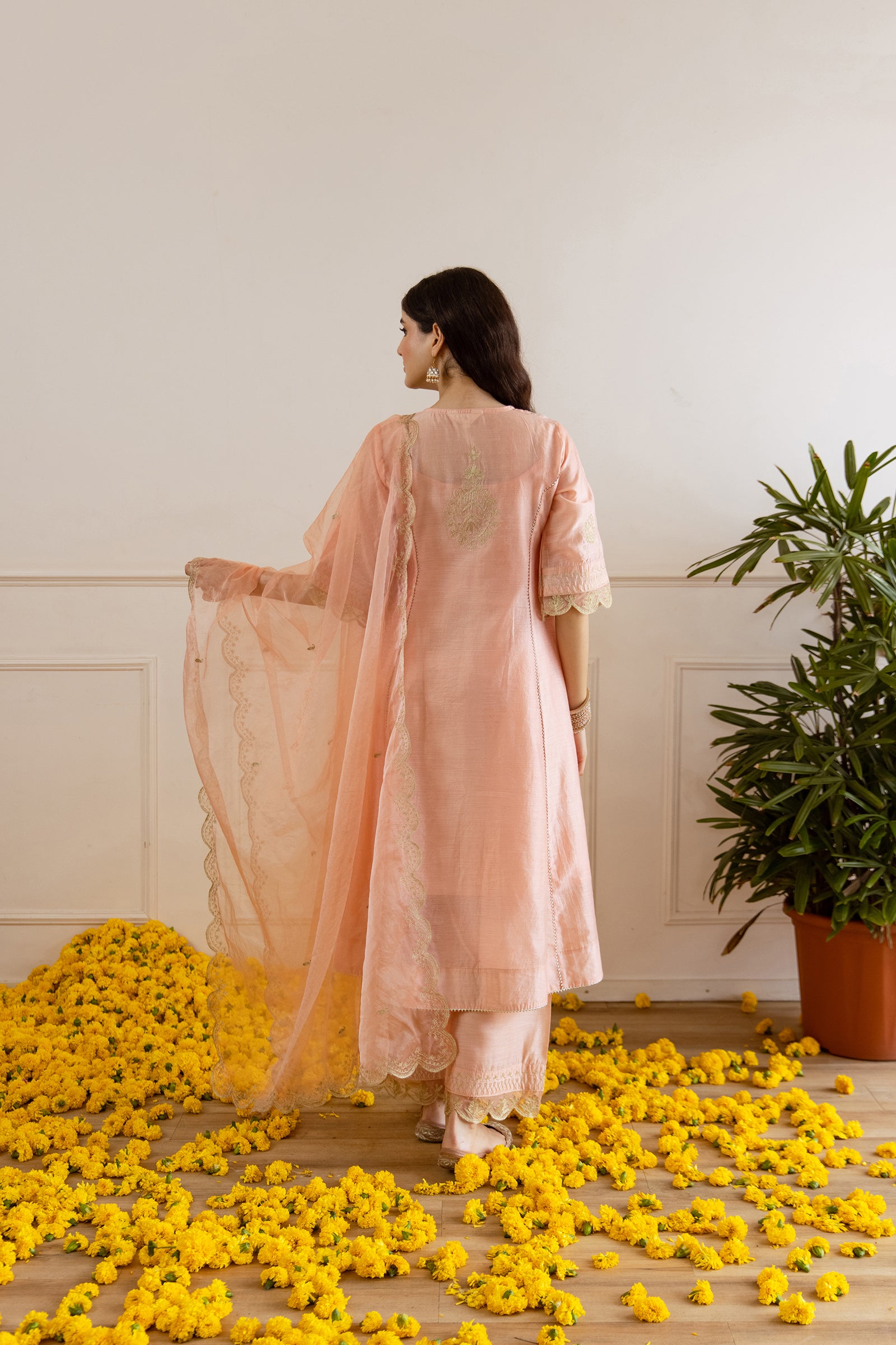 Peach Chanderi Heavy Neck Embroidery Three Kali Suit Set - Asrumo
