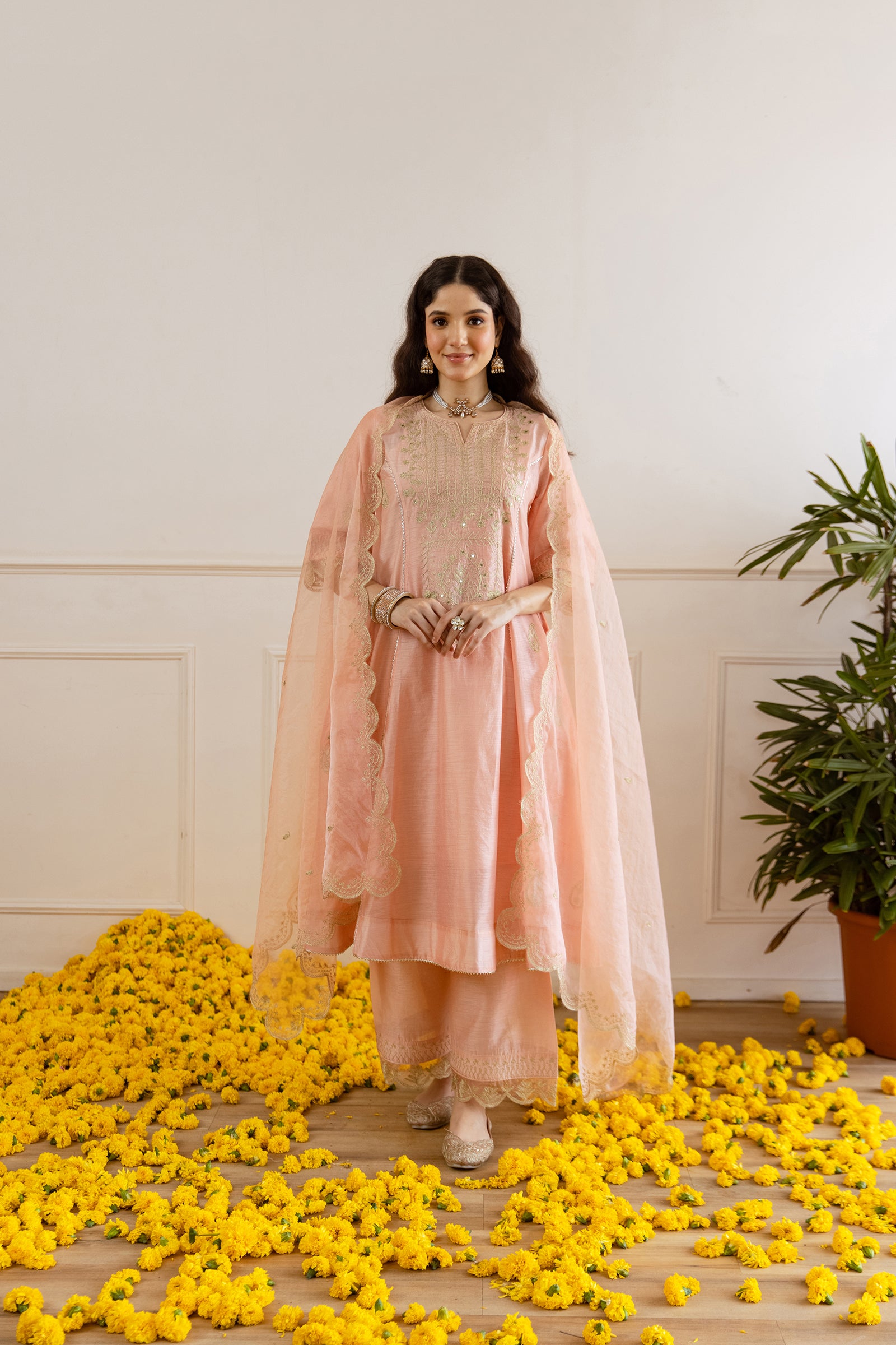 Peach Chanderi Heavy Neck Embroidery Three Kali Suit Set - Asrumo