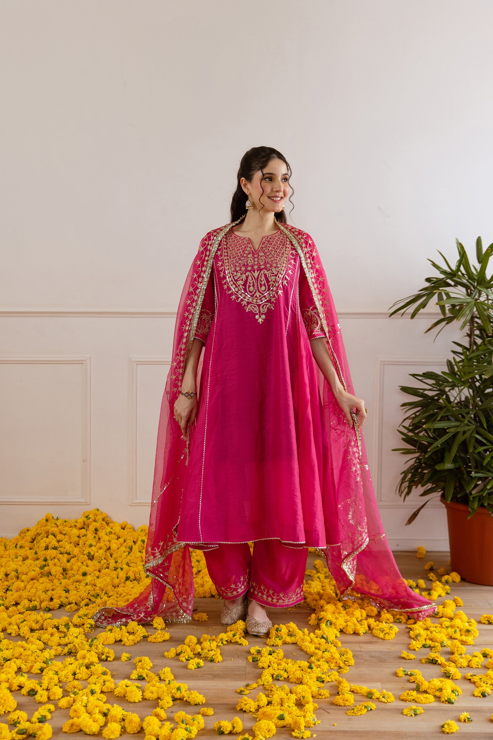 Hot Pink Chanderi Three Kali Kurta Set - Asrumo