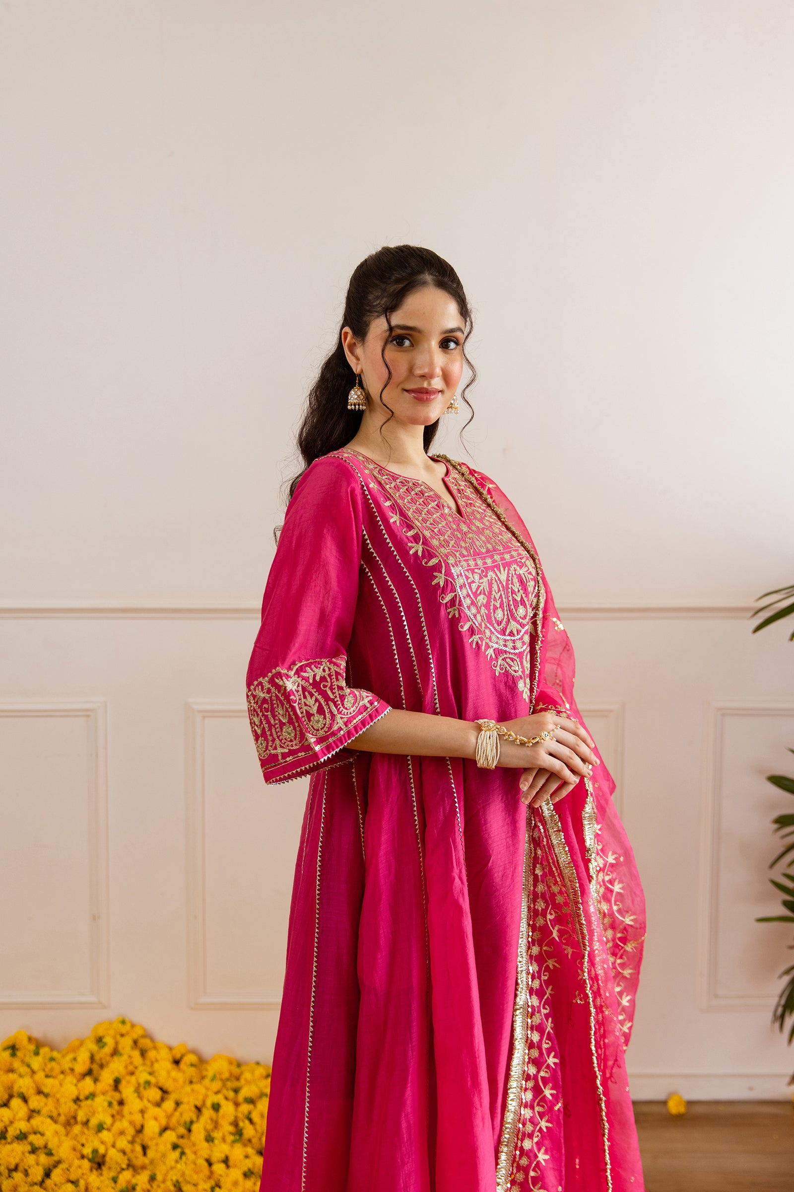 Hot Pink Chanderi Three Kali Kurta Set - Asrumo