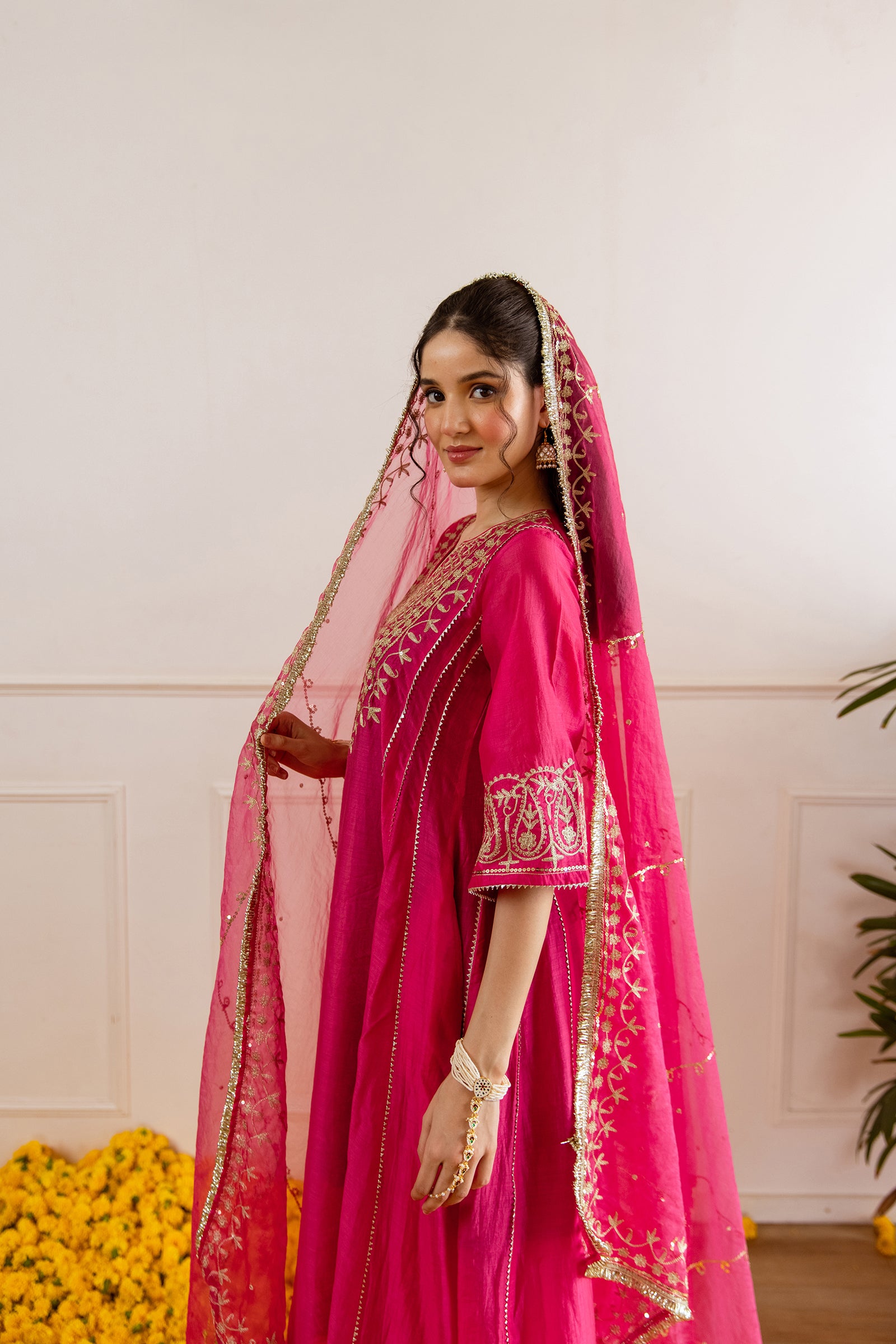 Hot Pink Chanderi Three Kali Kurta Set - Asrumo