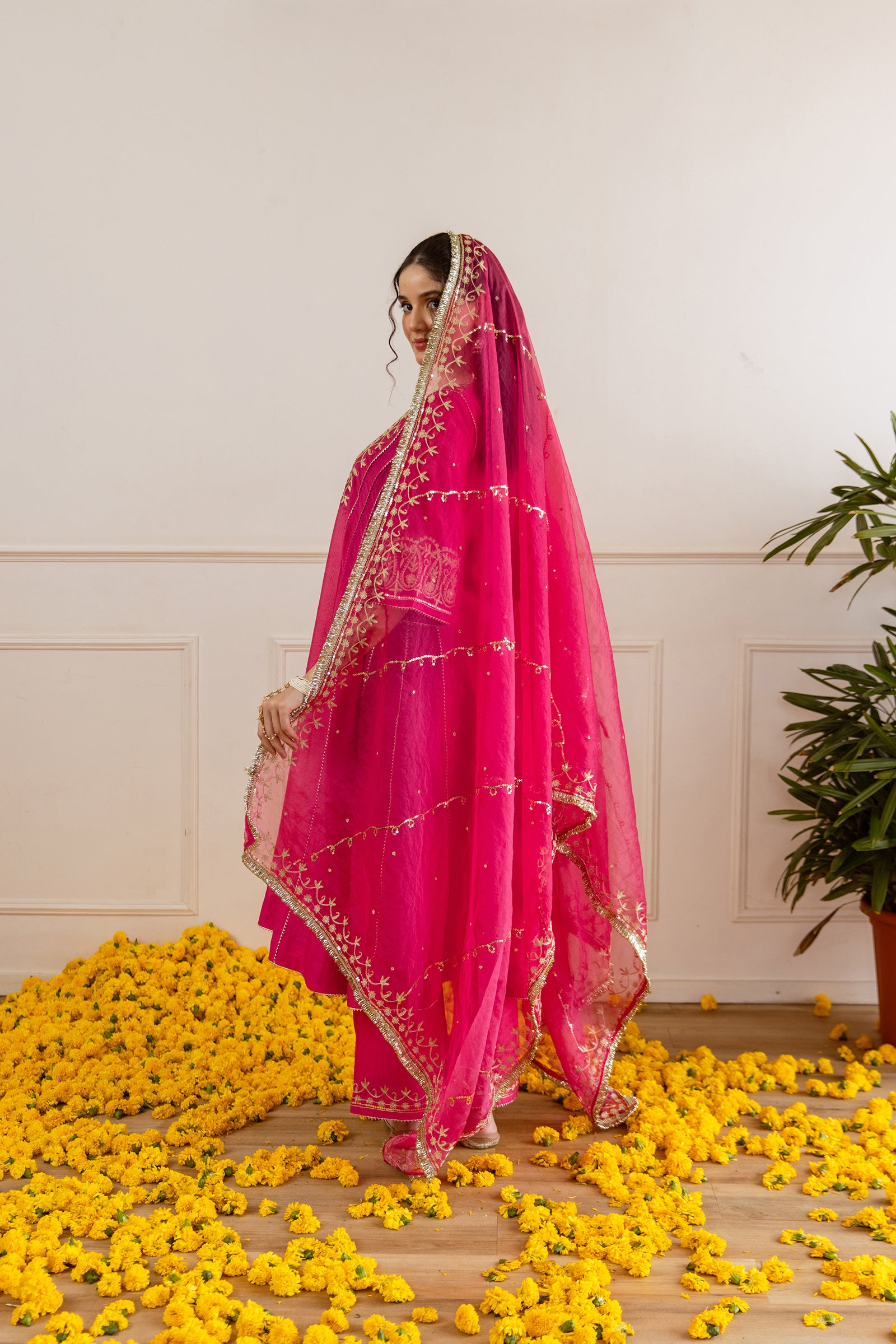 Hot Pink Chanderi Three Kali Kurta Set - Asrumo