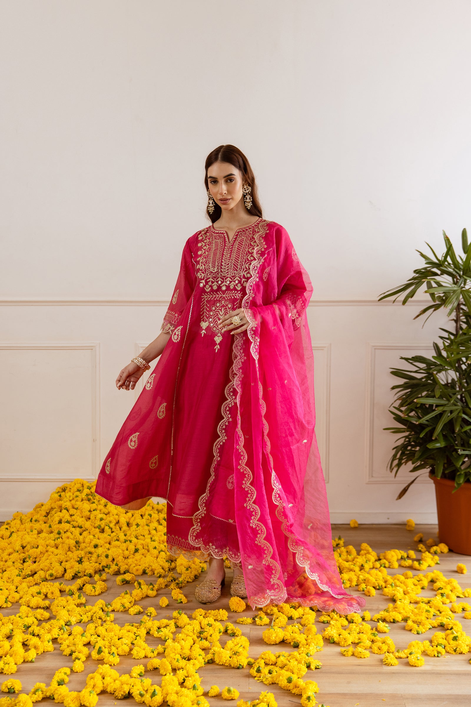 Rani Pink Chanderi Heavy Neck Embroidery Three Kali Suit Set - Asrumo