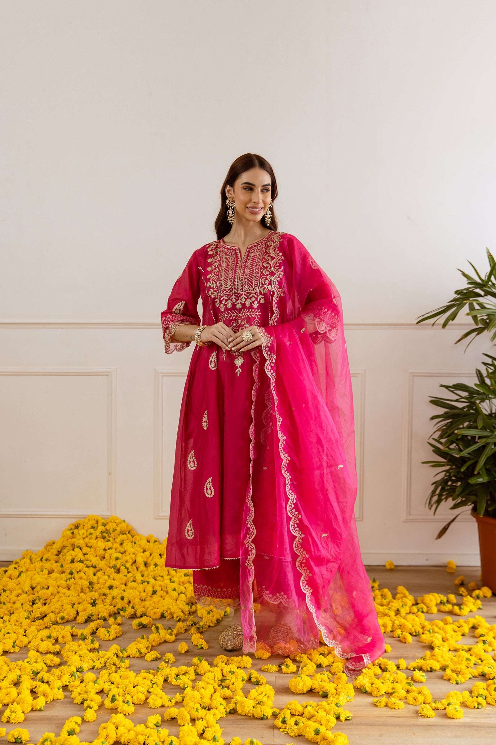 Rani Pink Chanderi Heavy Neck Embroidery Three Kali Suit Set - Asrumo
