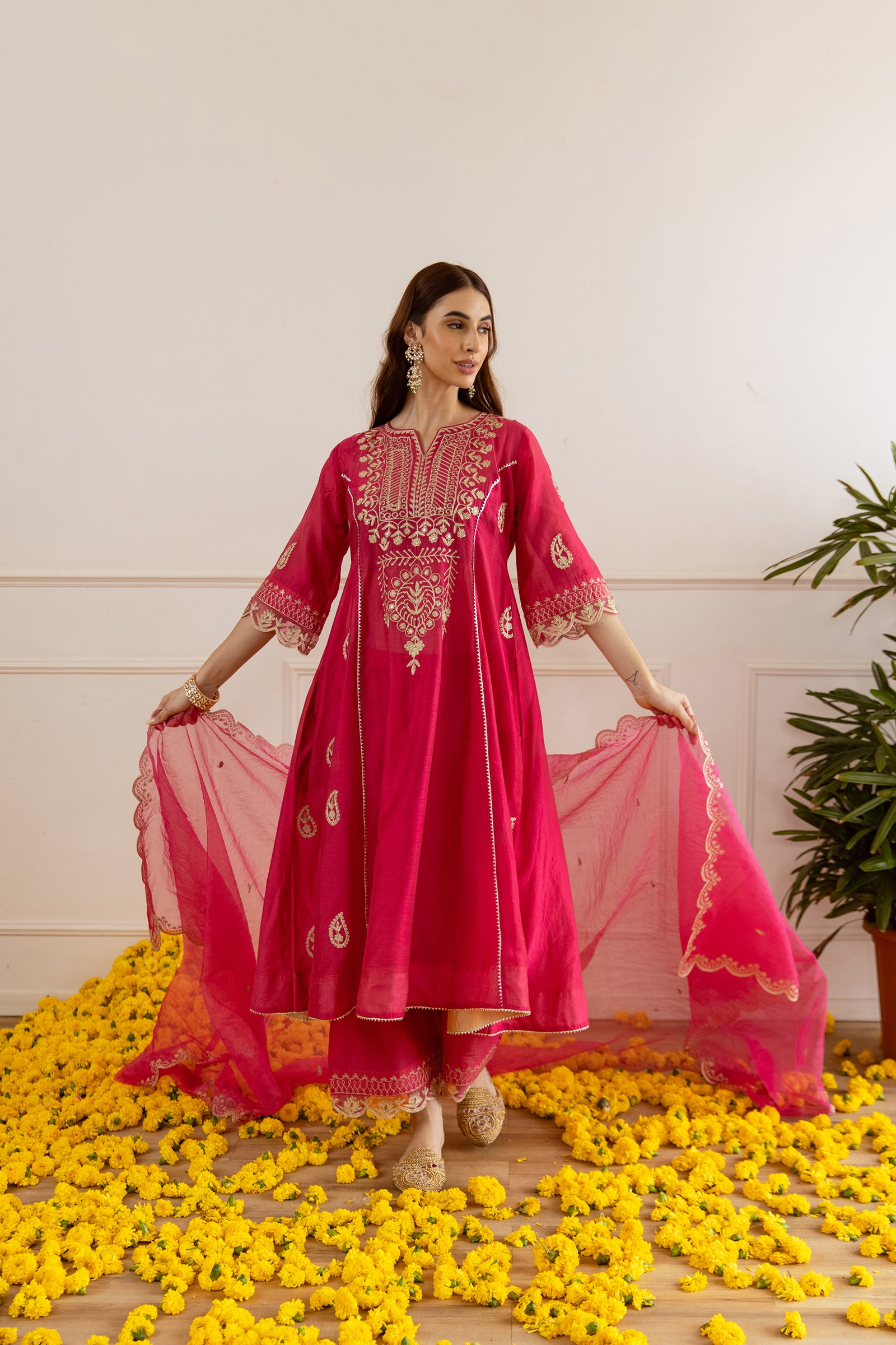 Rani Pink Chanderi Heavy Neck Embroidery Three Kali Suit Set - Asrumo