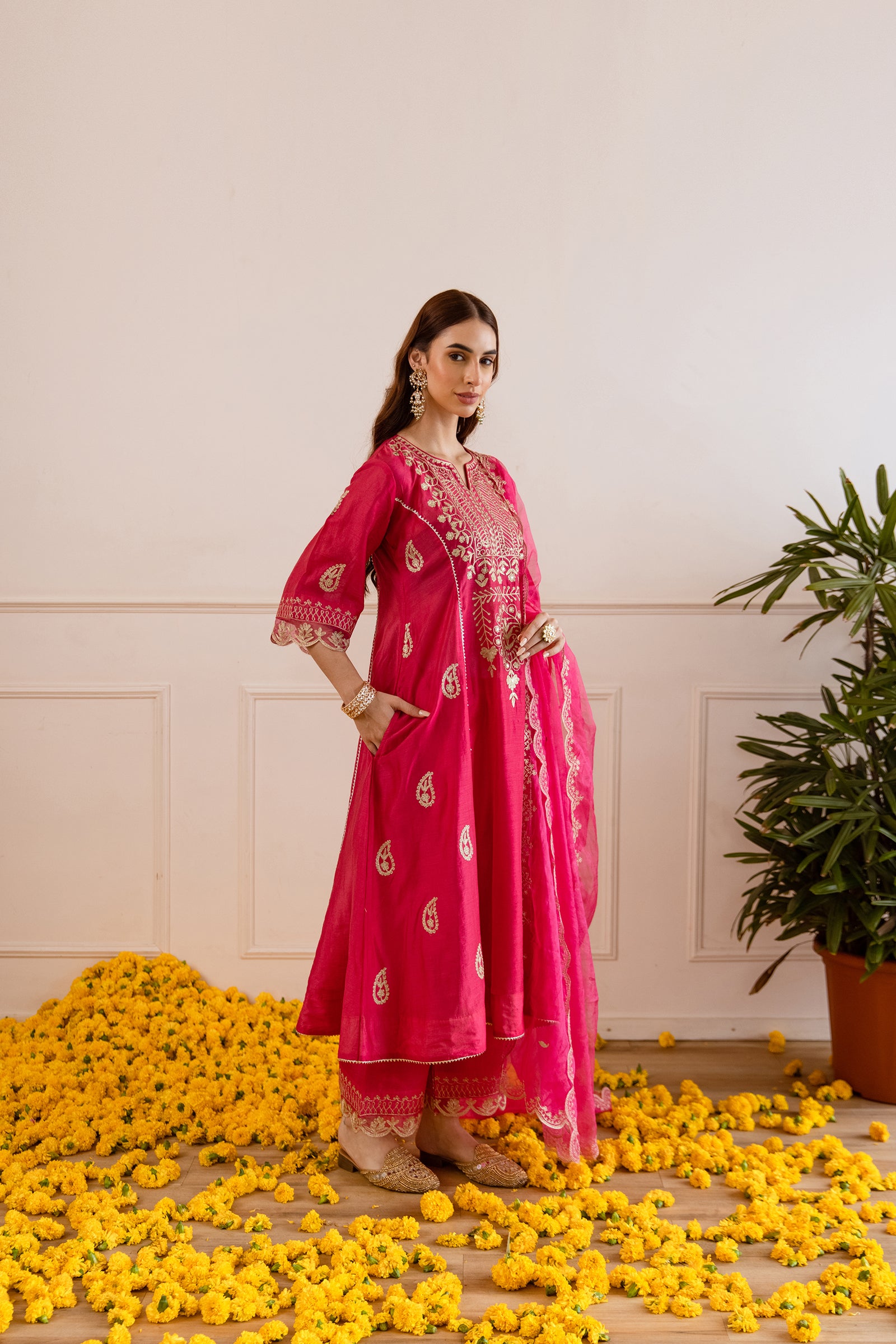 Rani Pink Chanderi Heavy Neck Embroidery Three Kali Suit Set - Asrumo