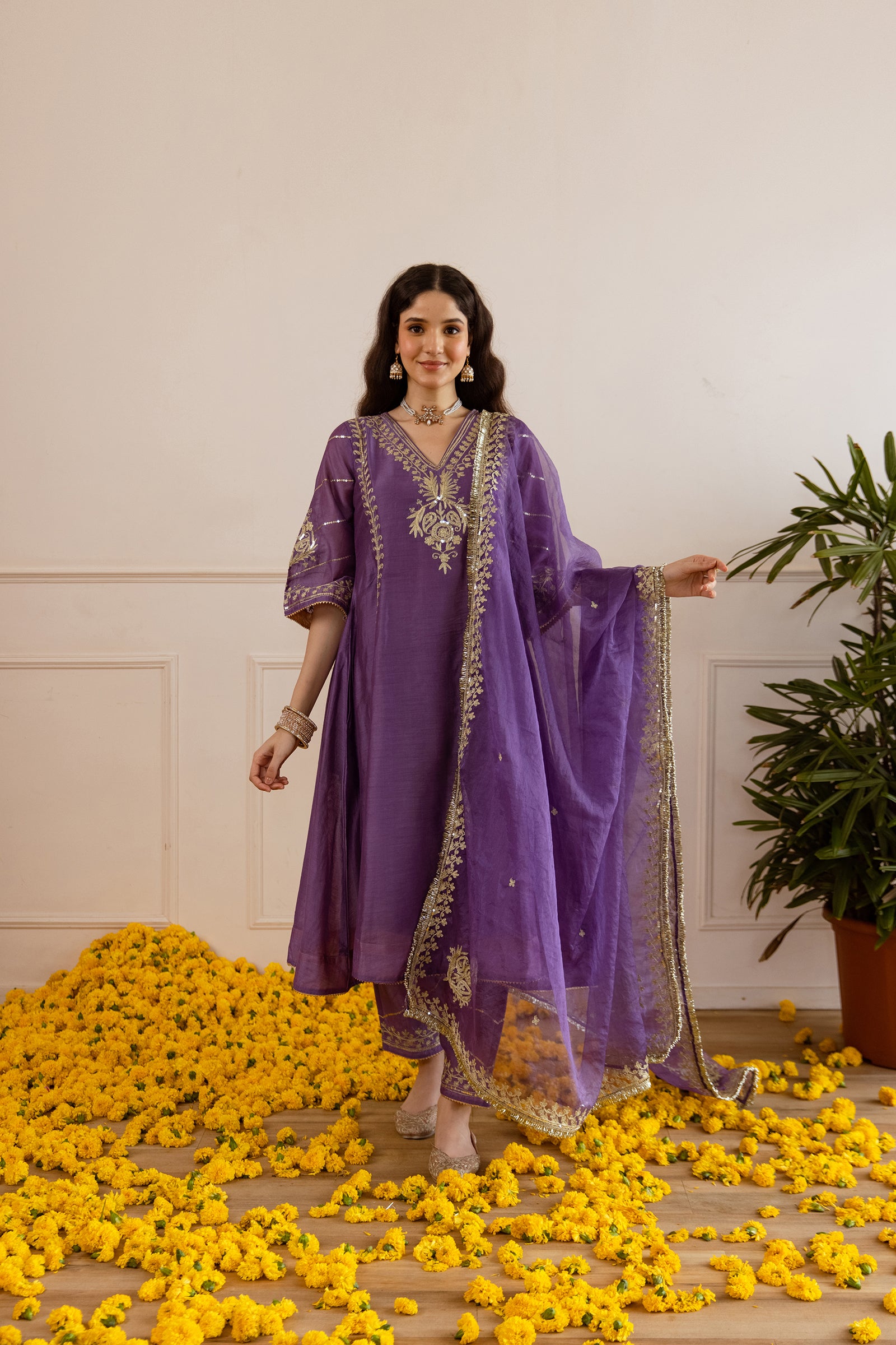 Orchid Chanderi Three Kali Kurta Set - Asrumo