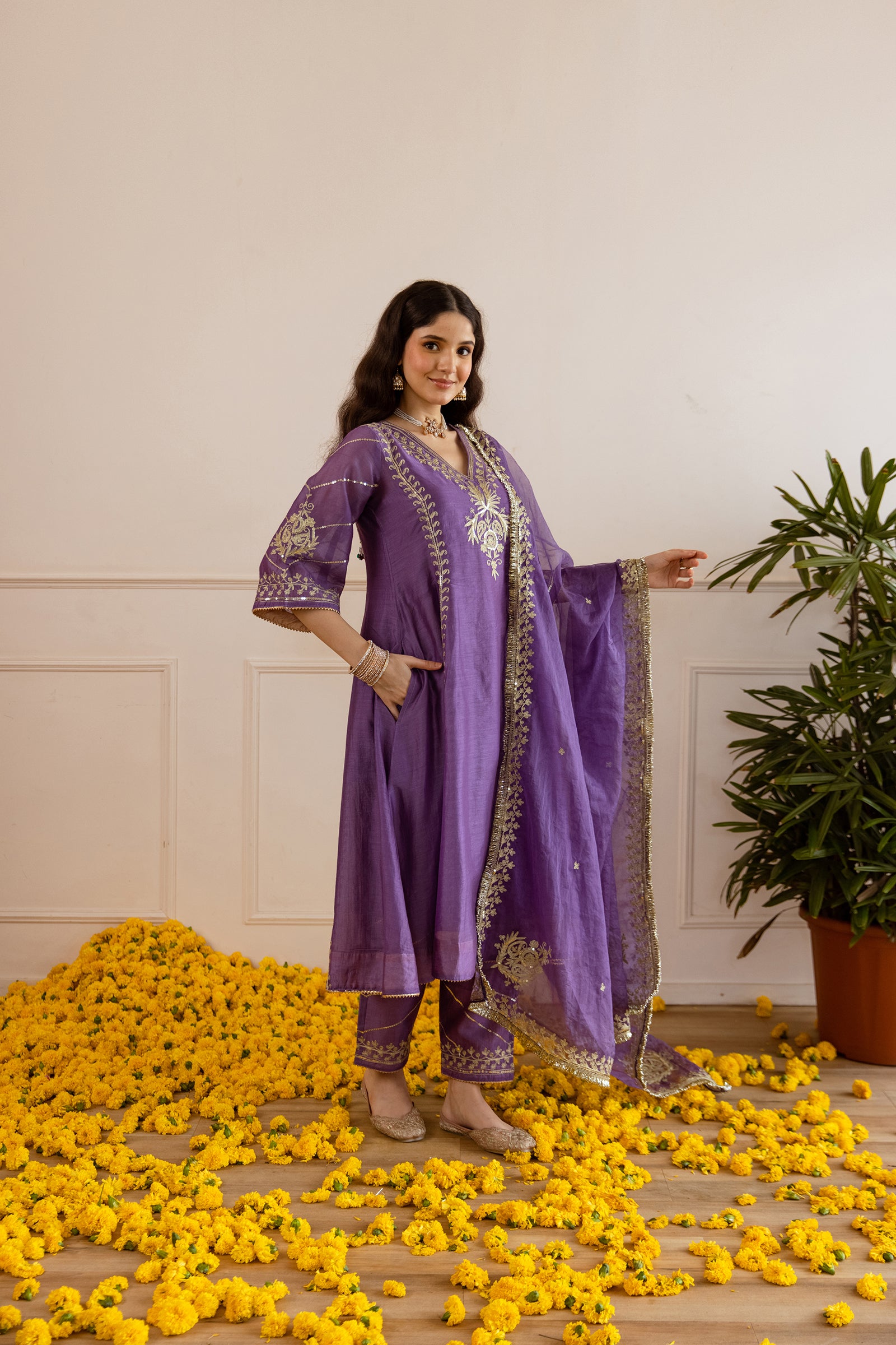 Orchid Chanderi Three Kali Kurta Set - Asrumo