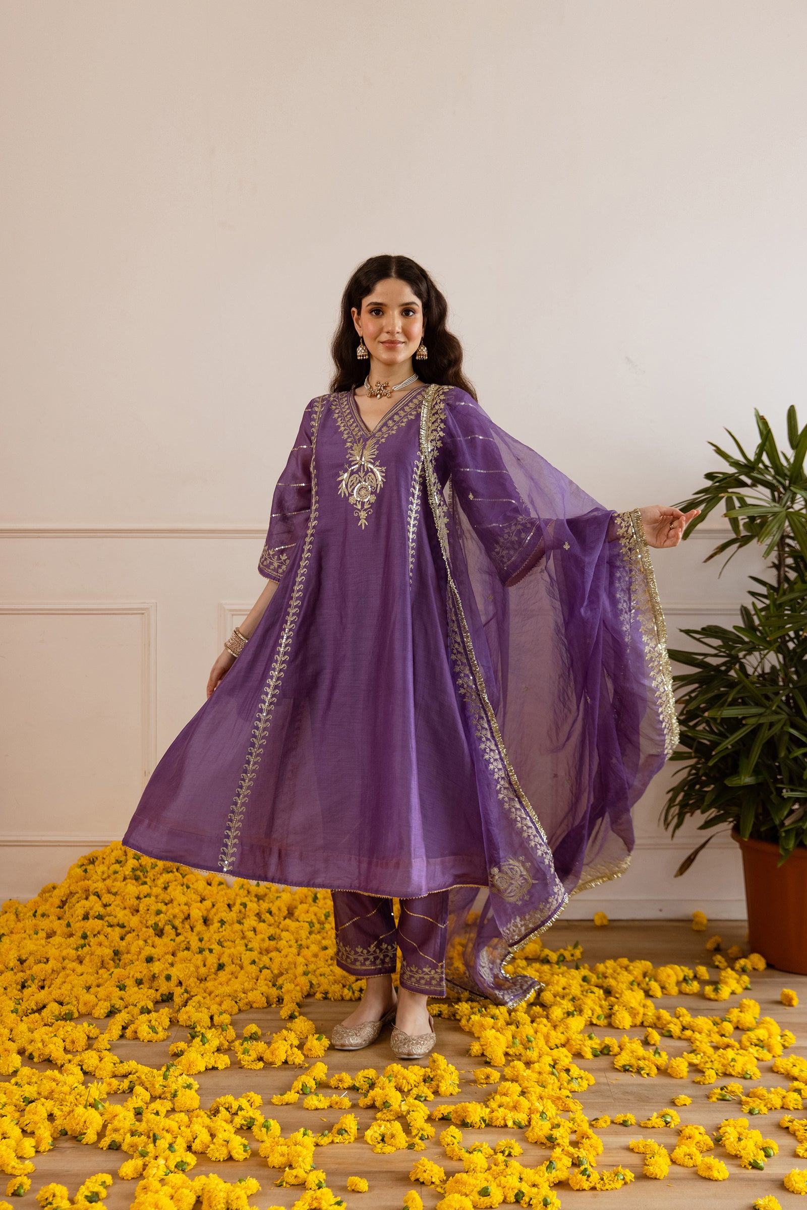 Orchid Chanderi Three Kali Kurta Set - Asrumo