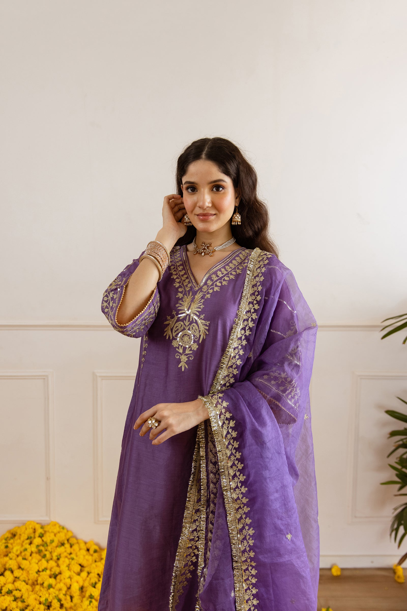 Orchid Chanderi Three Kali Kurta Set - Asrumo