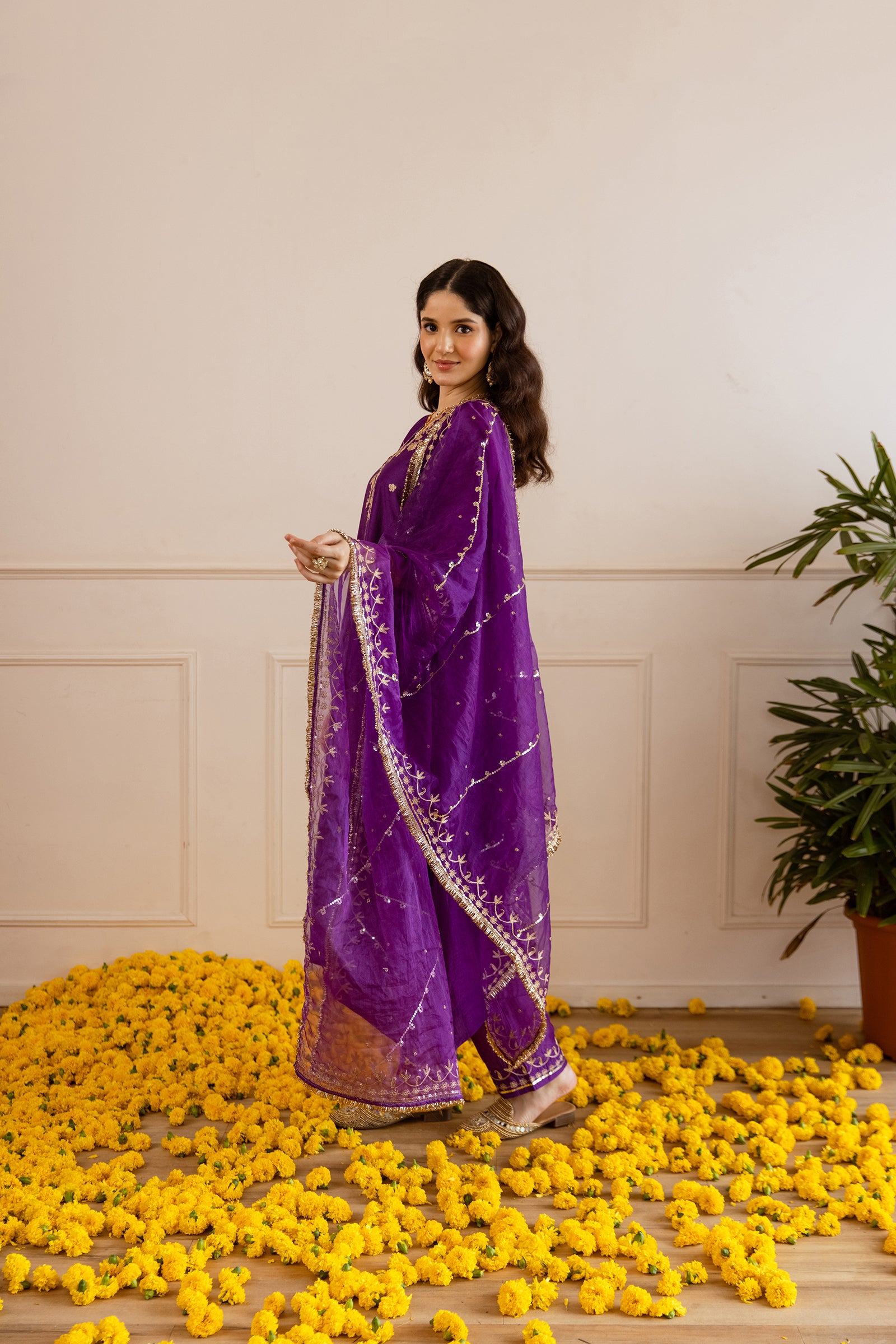 Purple Chanderi Three Kali Kurta Set- Asrumo