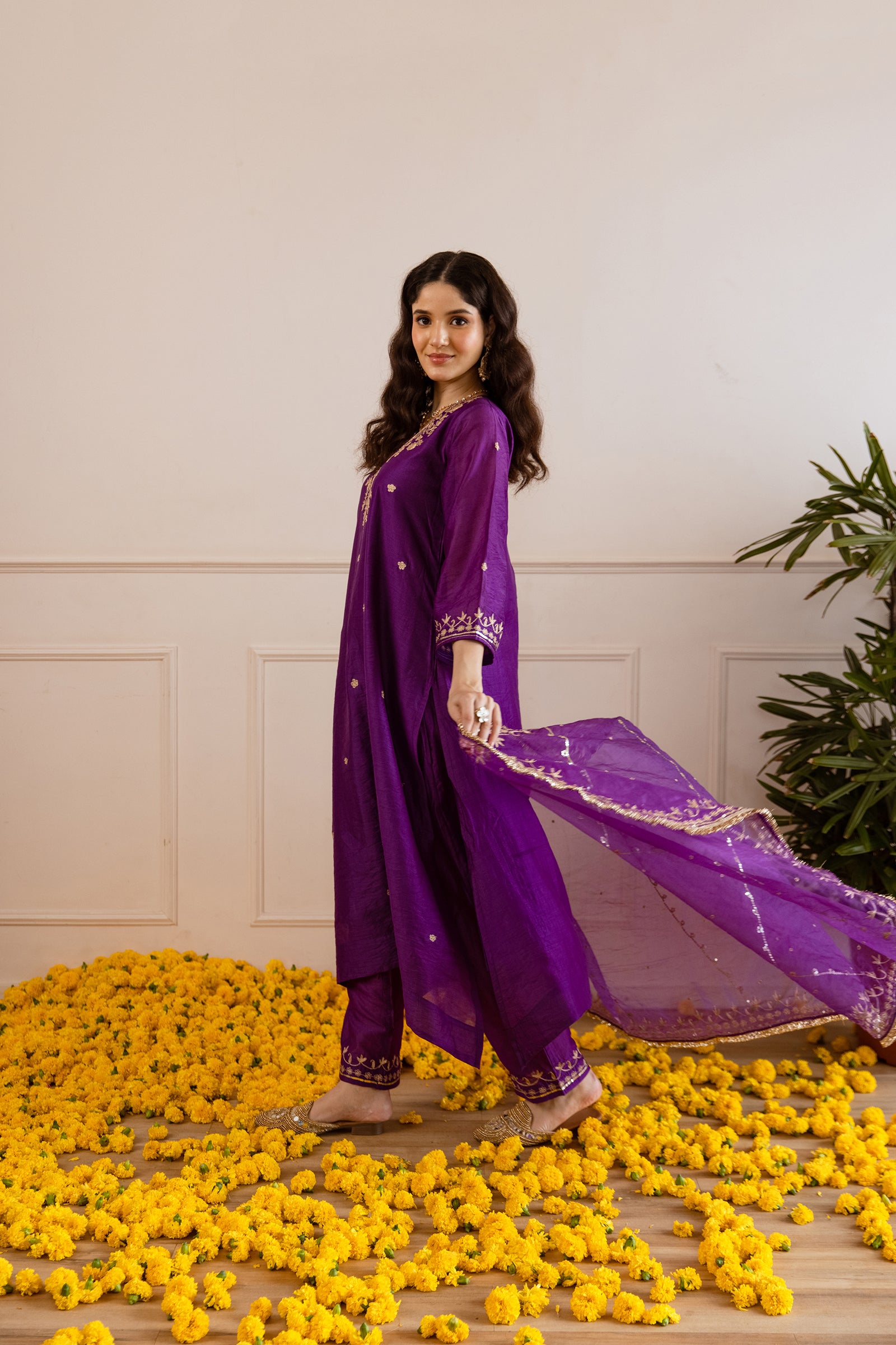 Purple Chanderi Three Kali Kurta Set- Asrumo