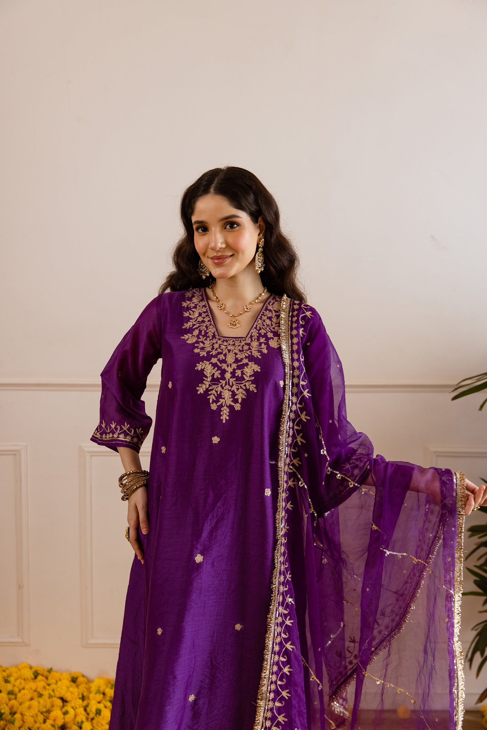 Purple Chanderi Three Kali Kurta Set- Asrumo