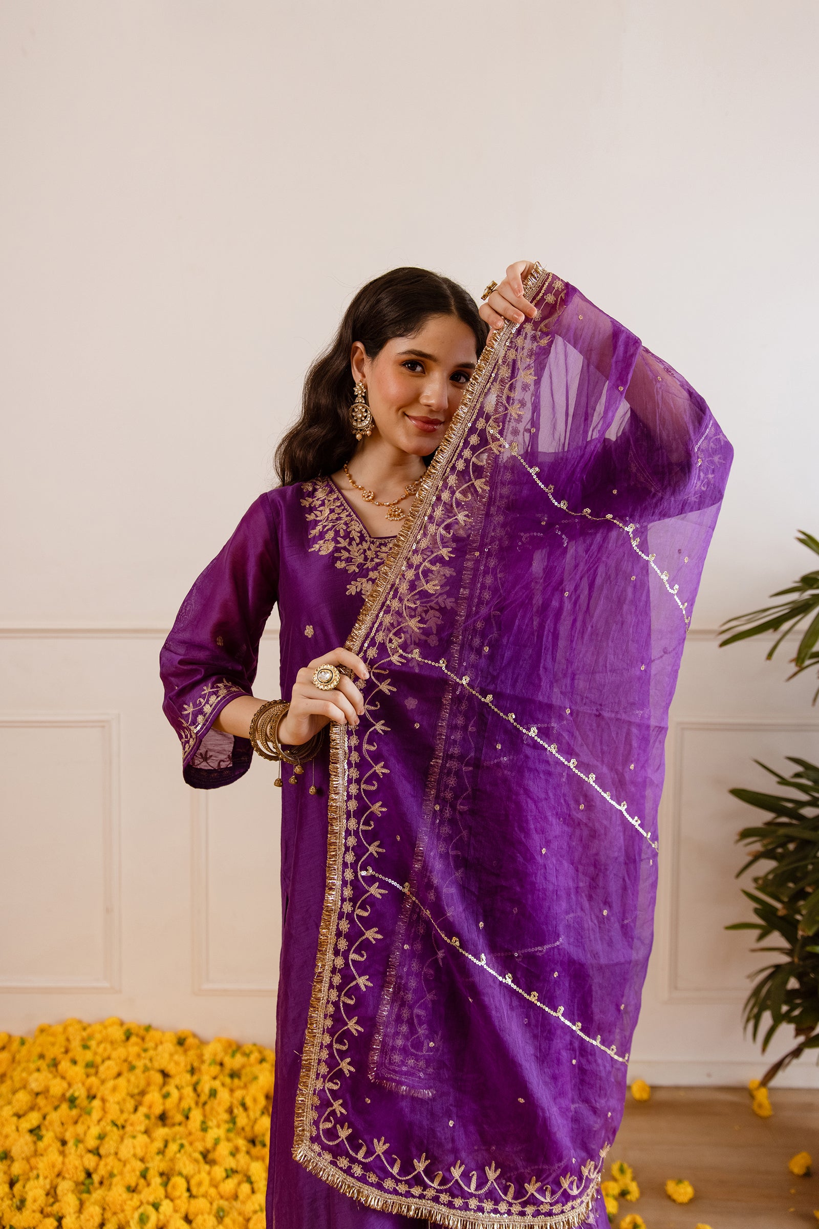 Purple Chanderi Three Kali Kurta Set- Asrumo