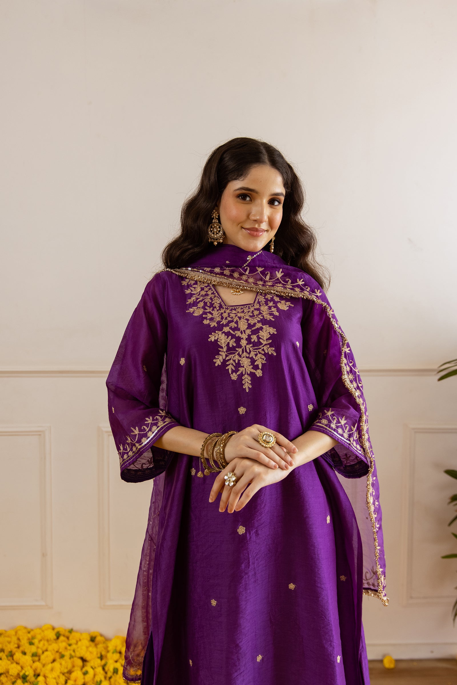 Purple Chanderi Three Kali Kurta Set- Asrumo