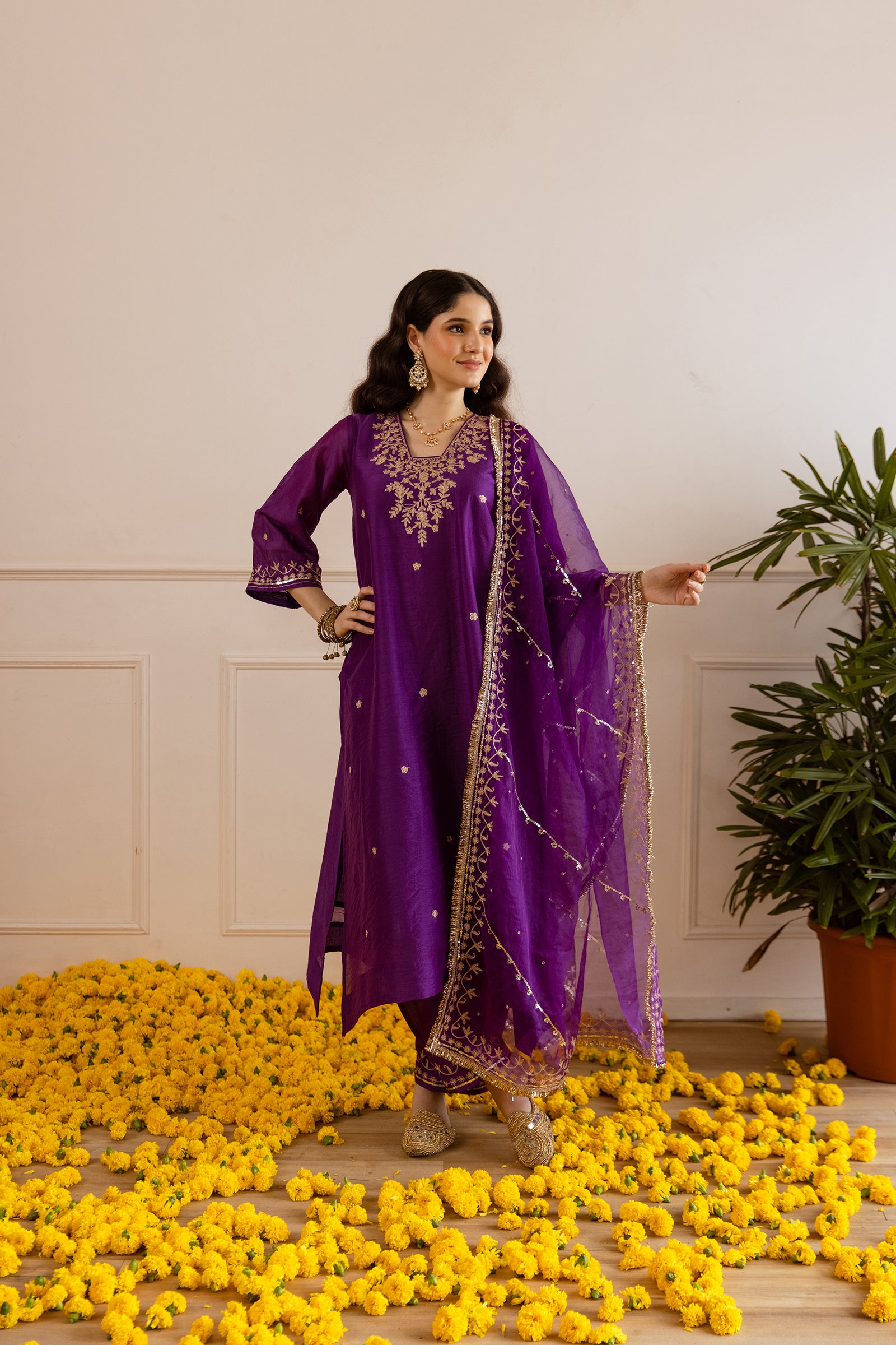 Purple Chanderi Three Kali Kurta Set- Asrumo