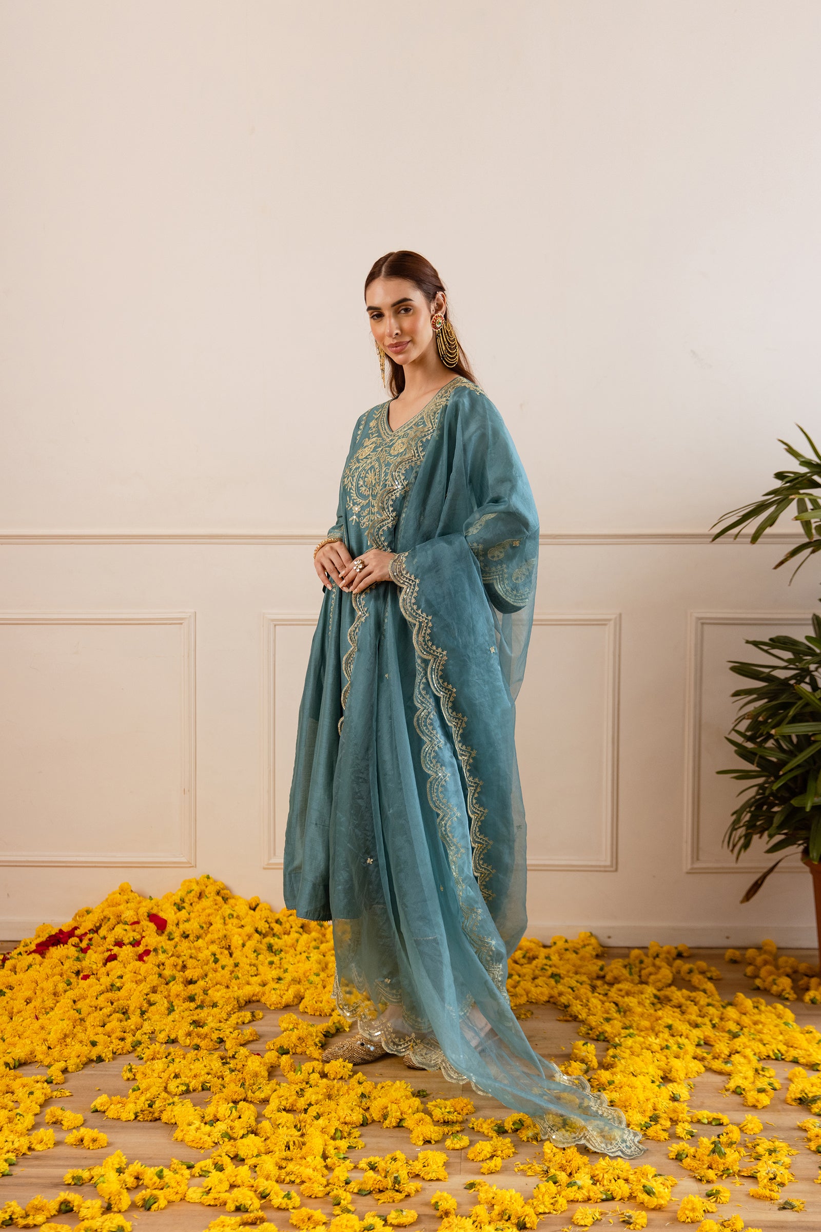 Teal Chanderi Three Kali Kurta Set - Asrumo