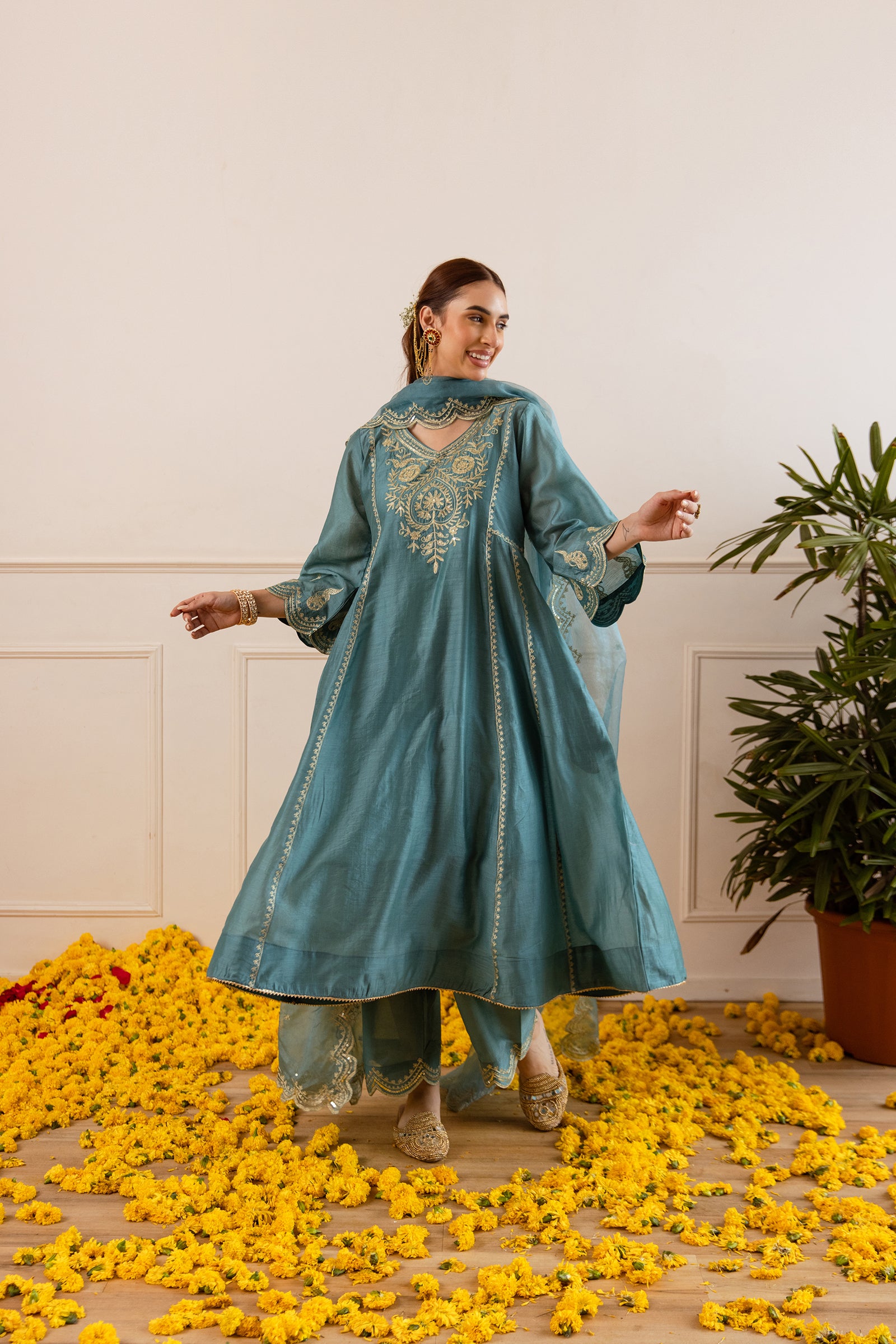 Teal Chanderi Three Kali Kurta Set - Asrumo