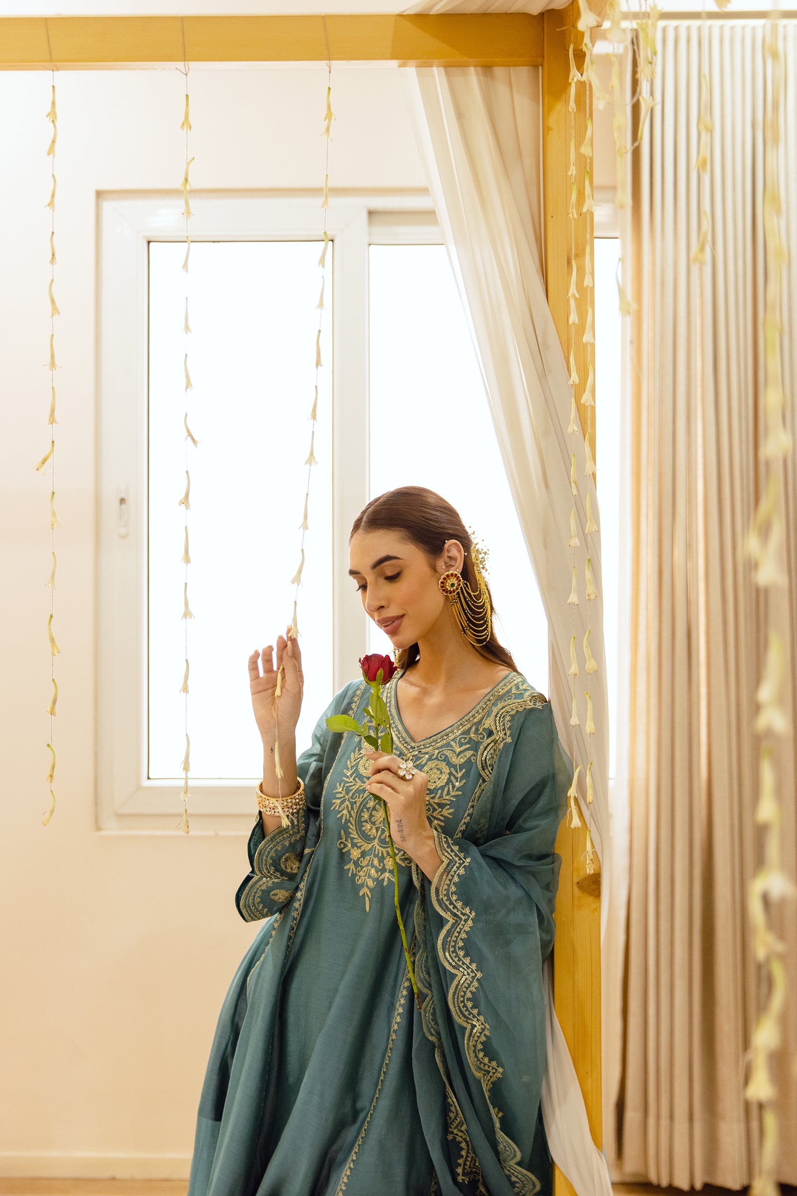 Teal Chanderi Three Kali Kurta Set - Asrumo