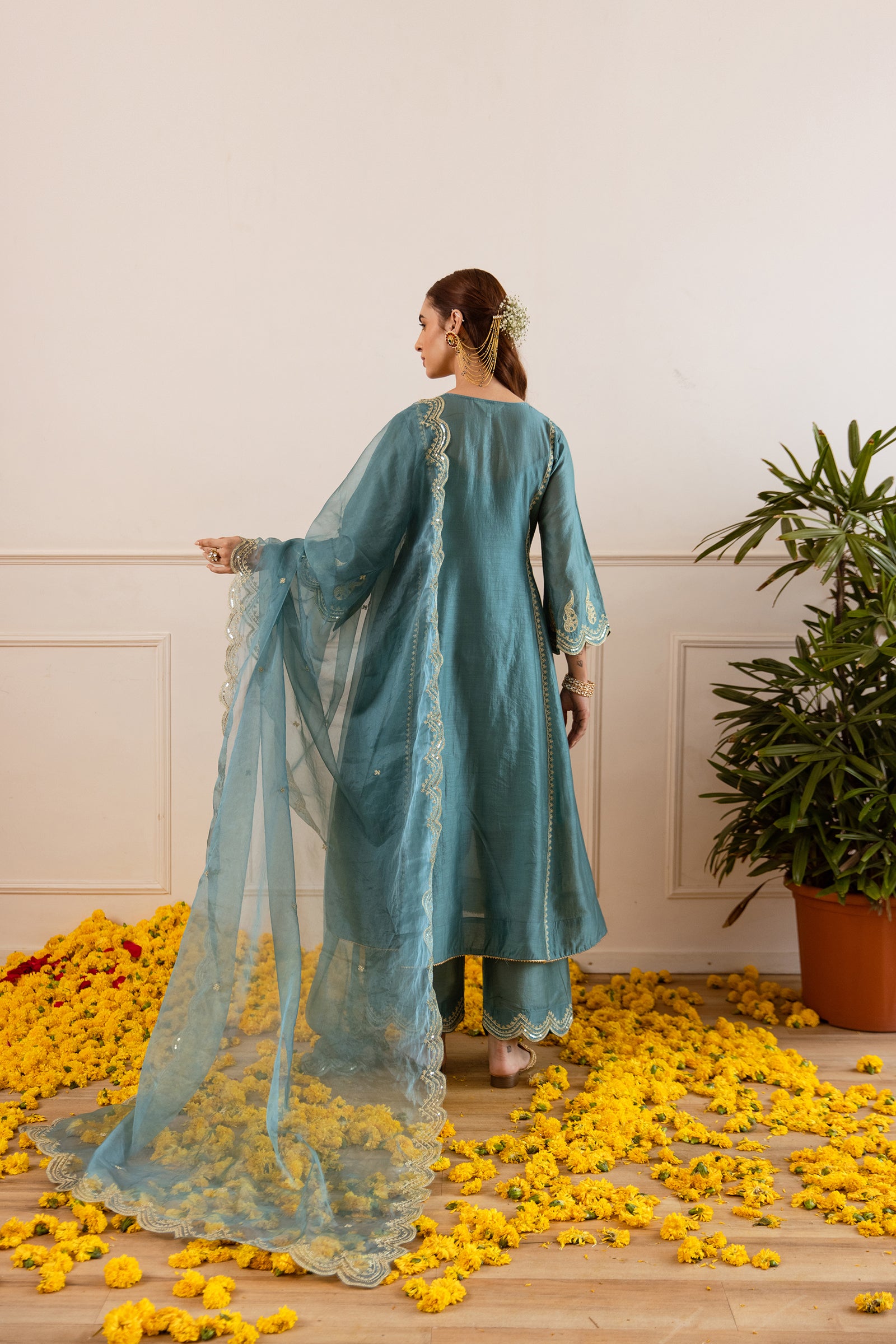 Teal Chanderi Three Kali Kurta Set - Asrumo