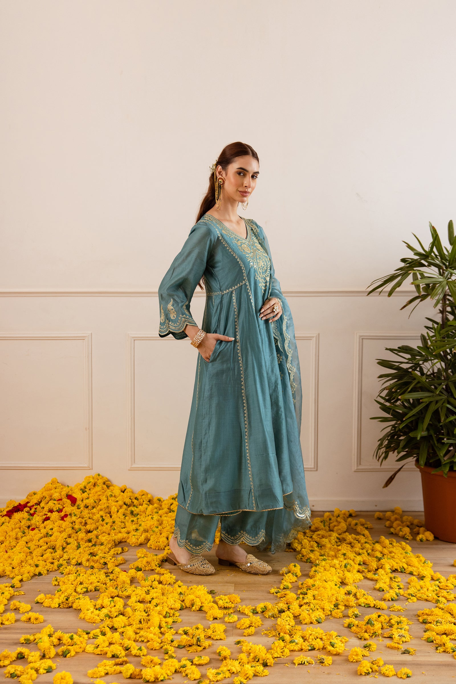 Teal Chanderi Three Kali Kurta Set - Asrumo