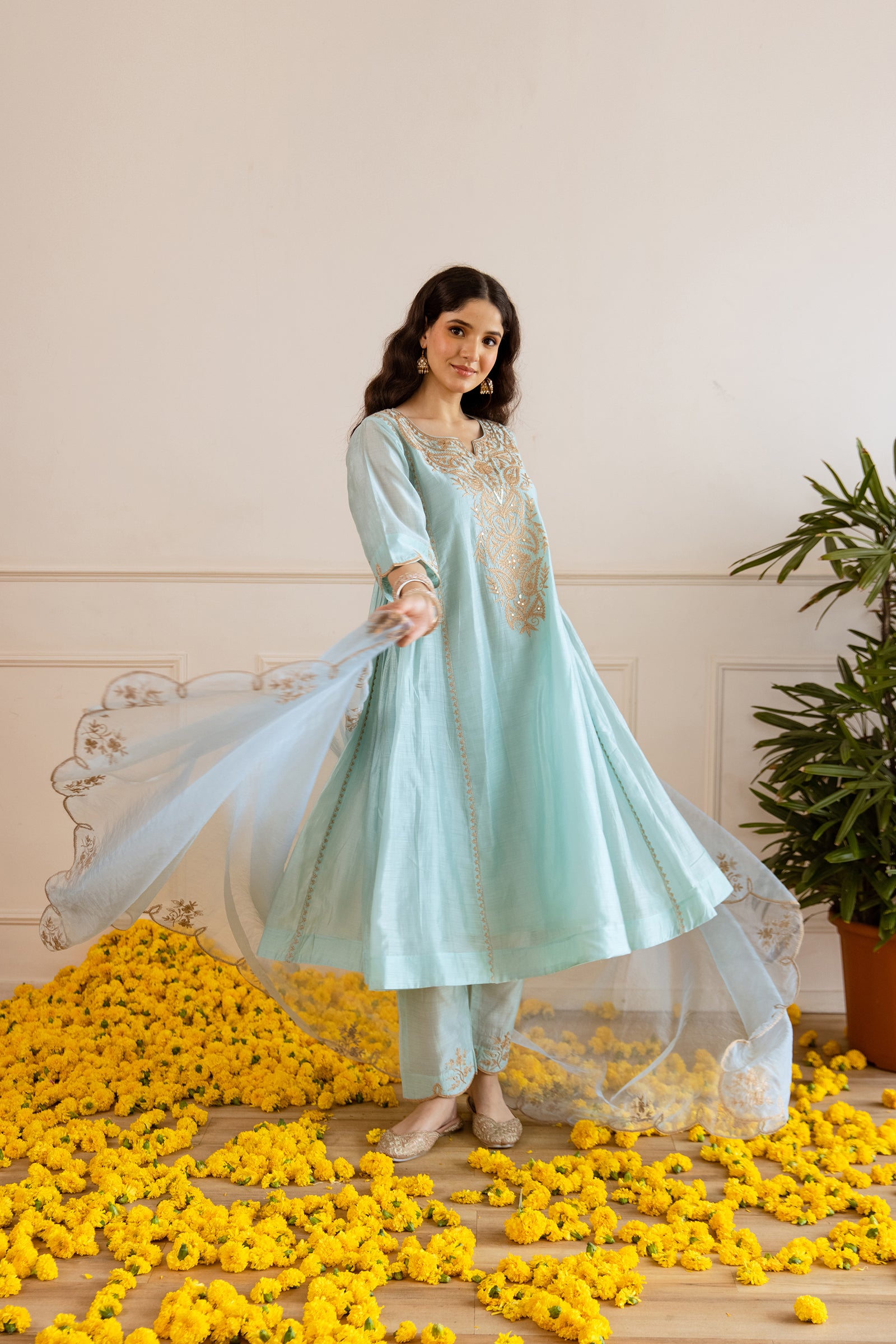Sky Chanderi Kurta Set With Organza Dupatta - Asrumo
