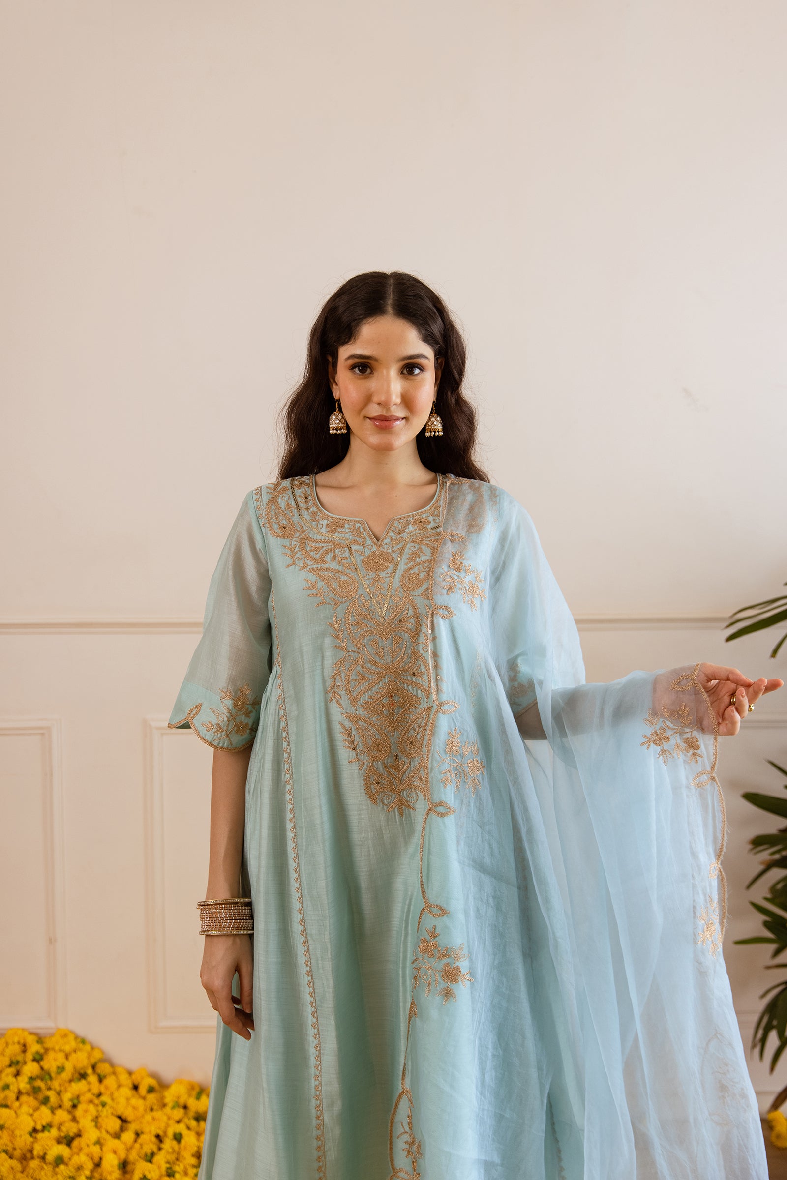 Sky Chanderi Kurta Set With Organza Dupatta - Asrumo