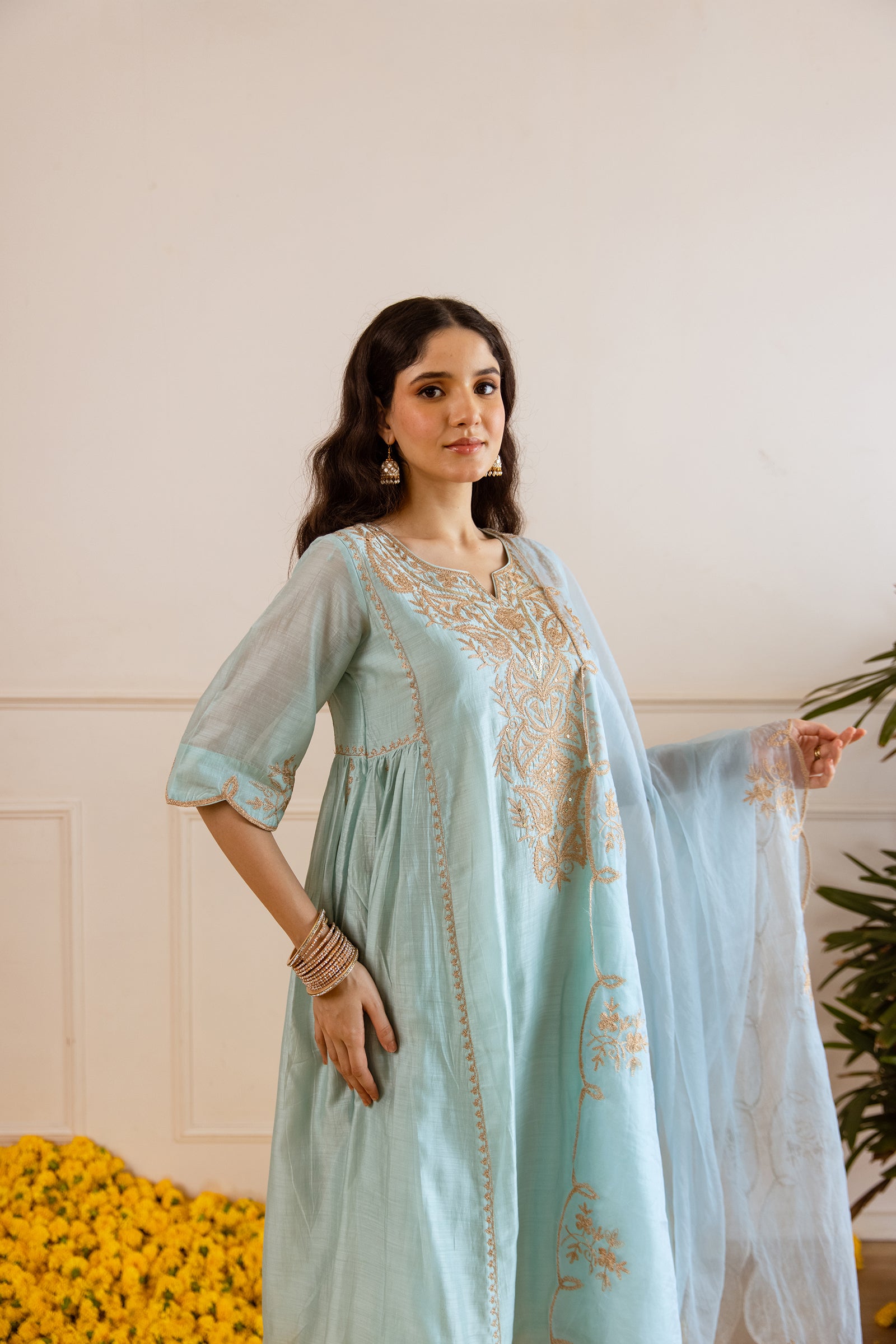 Sky Chanderi Kurta Set With Organza Dupatta - Asrumo