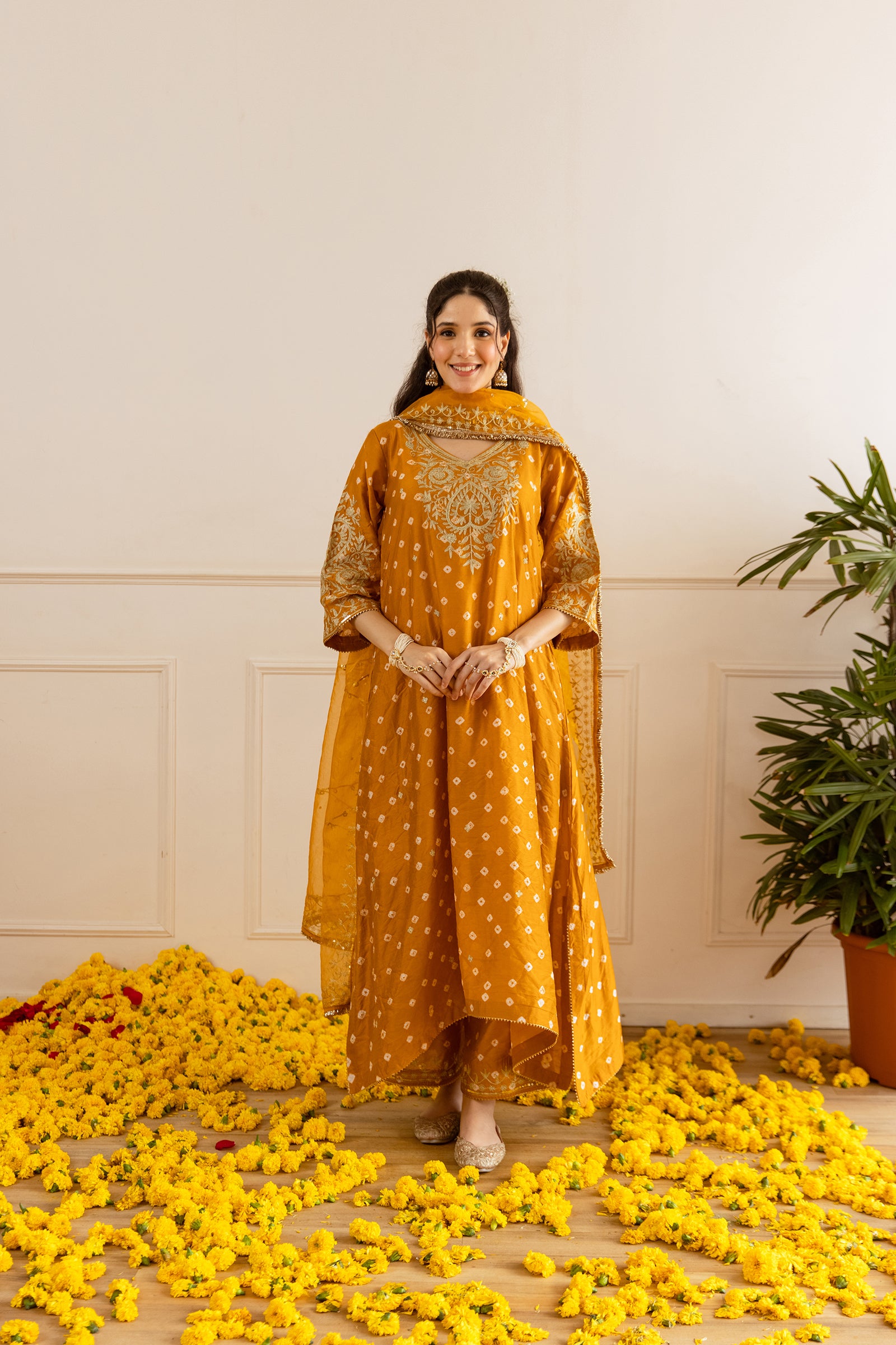 Marigold Hand Bandhej straight Suit Set - Asrumo