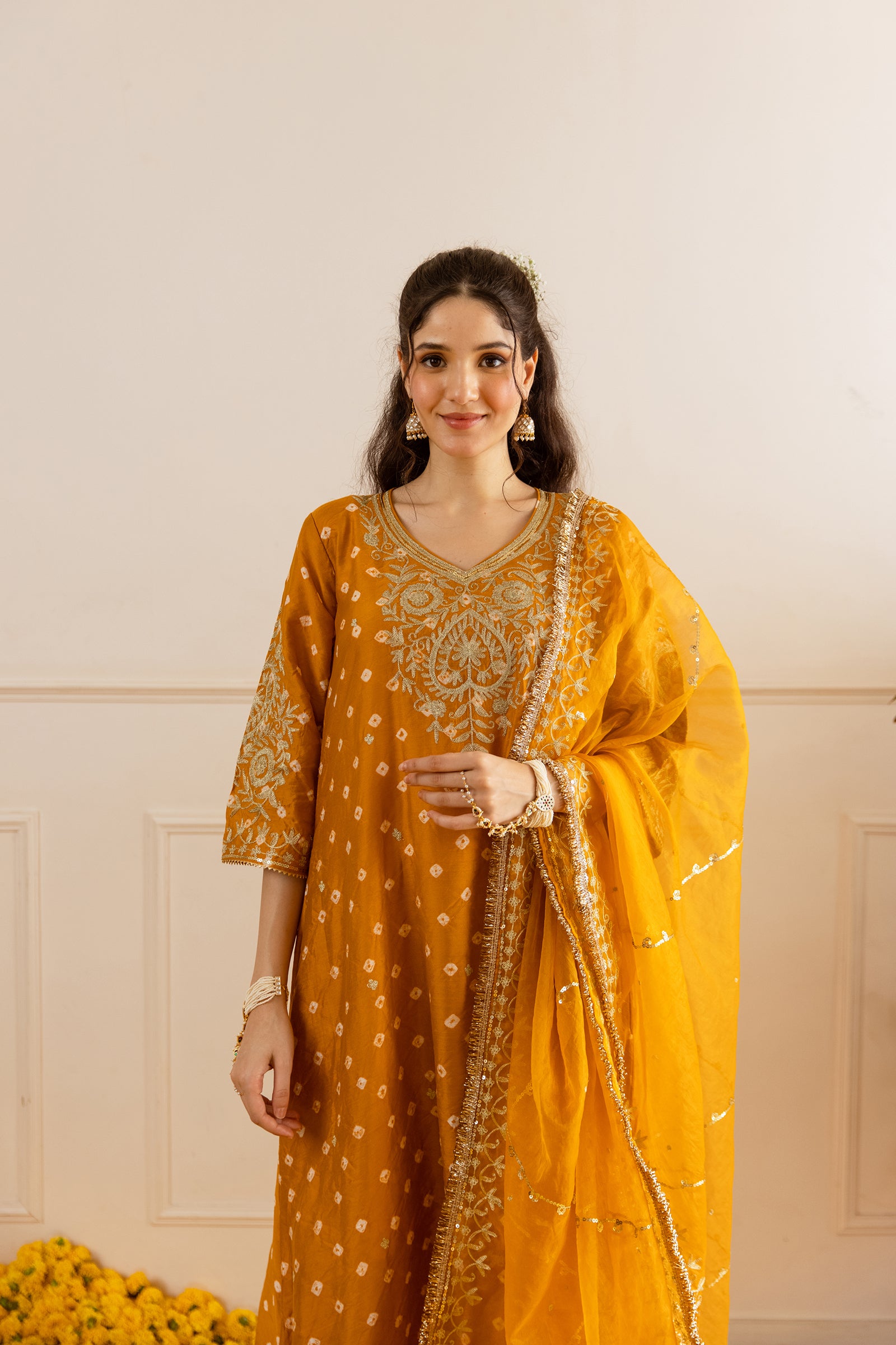 Marigold Hand Bandhej straight Suit Set - Asrumo