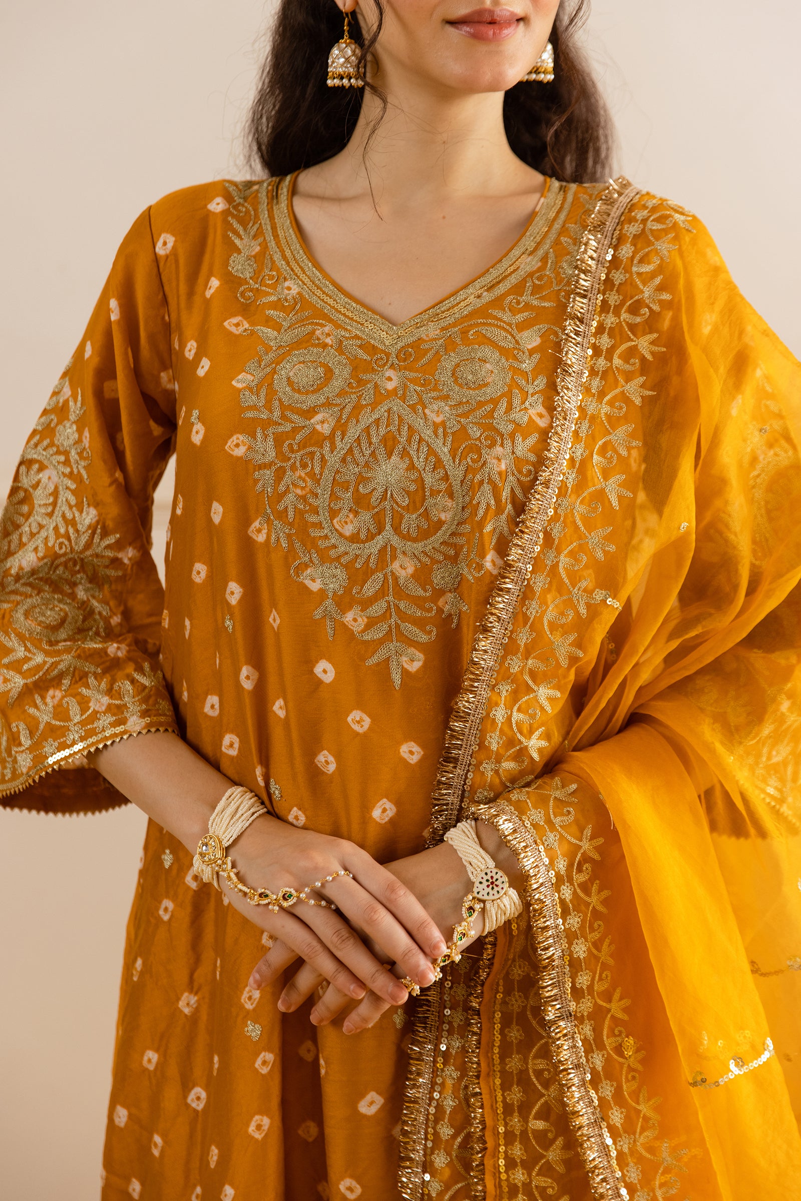 Marigold Hand Bandhej straight Suit Set - Asrumo