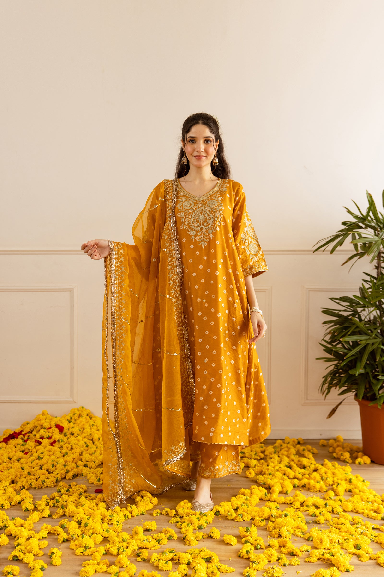 Marigold Hand Bandhej straight Suit Set - Asrumo