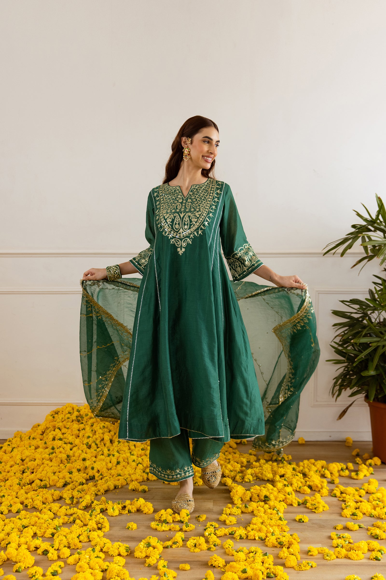 Emerald Chanderi Three Kali Kurta Set - Asrumo