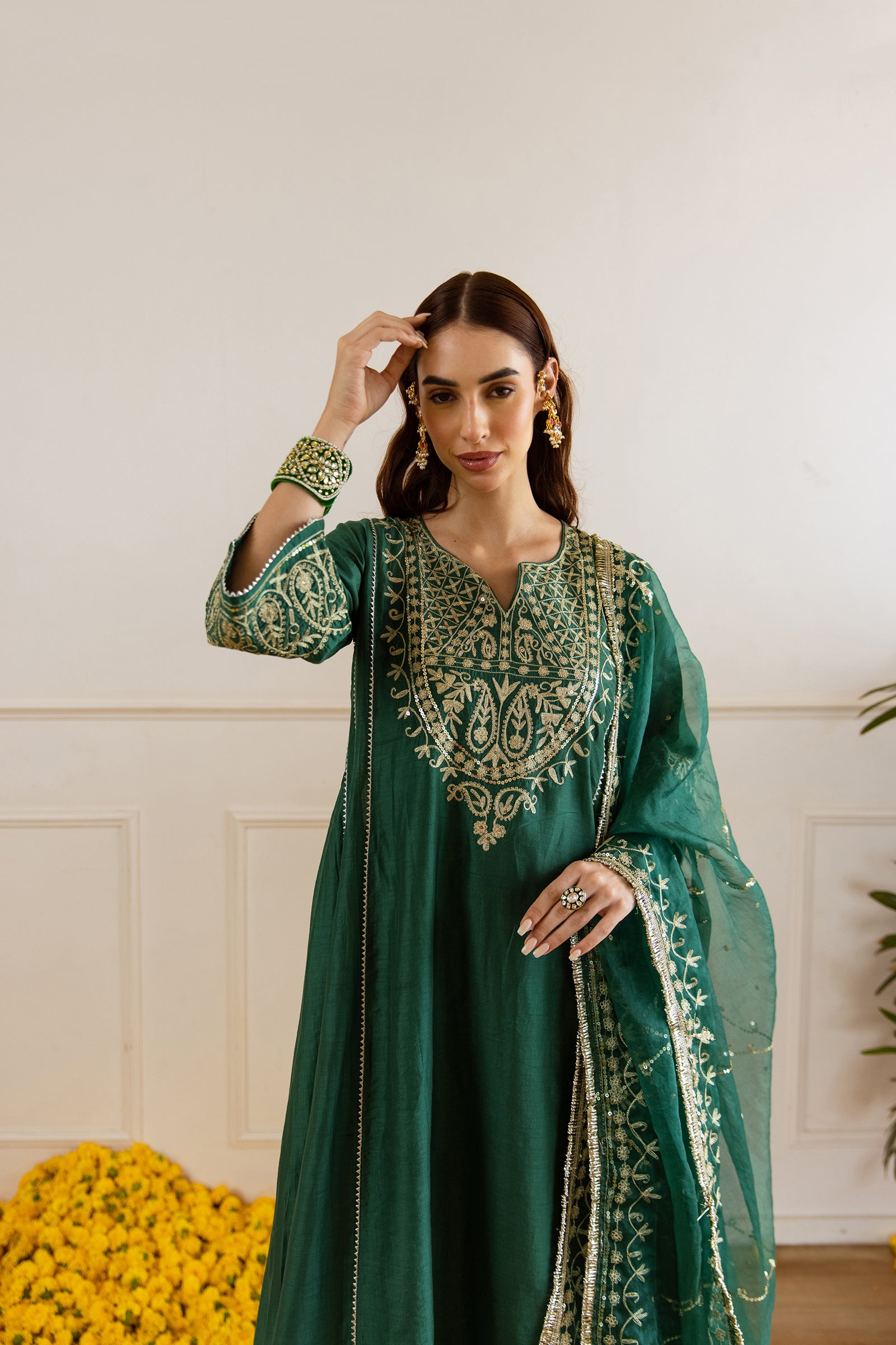 Emerald Chanderi Three Kali Kurta Set - Asrumo