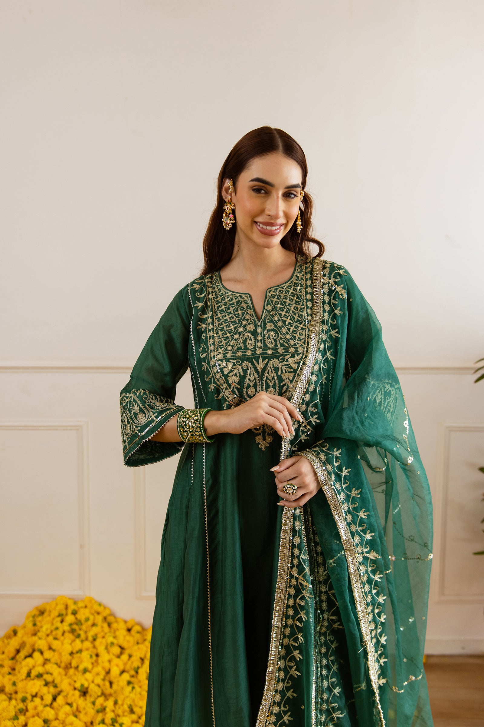 Emerald Chanderi Three Kali Kurta Set - Asrumo