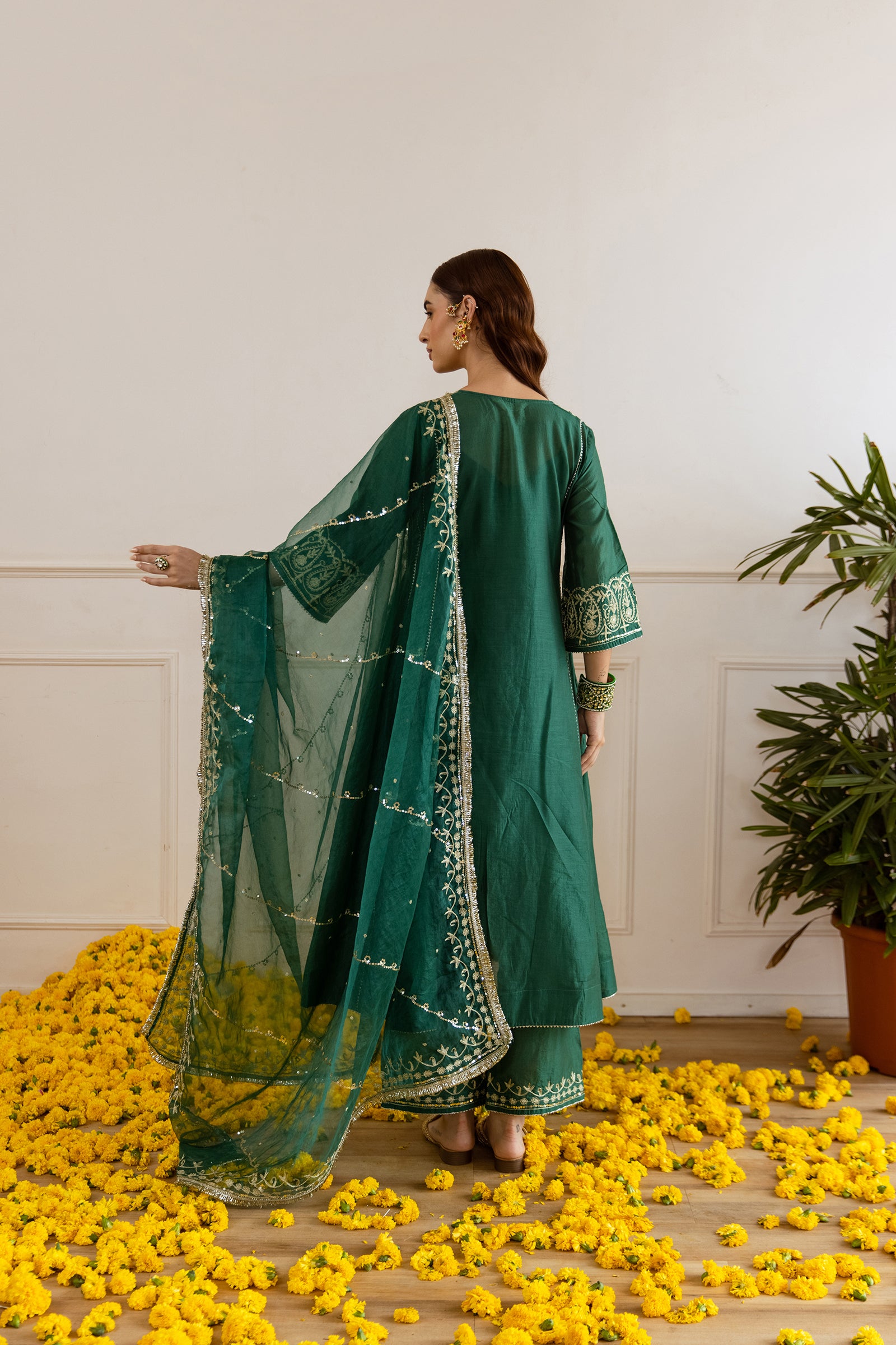Emerald Chanderi Three Kali Kurta Set - Asrumo