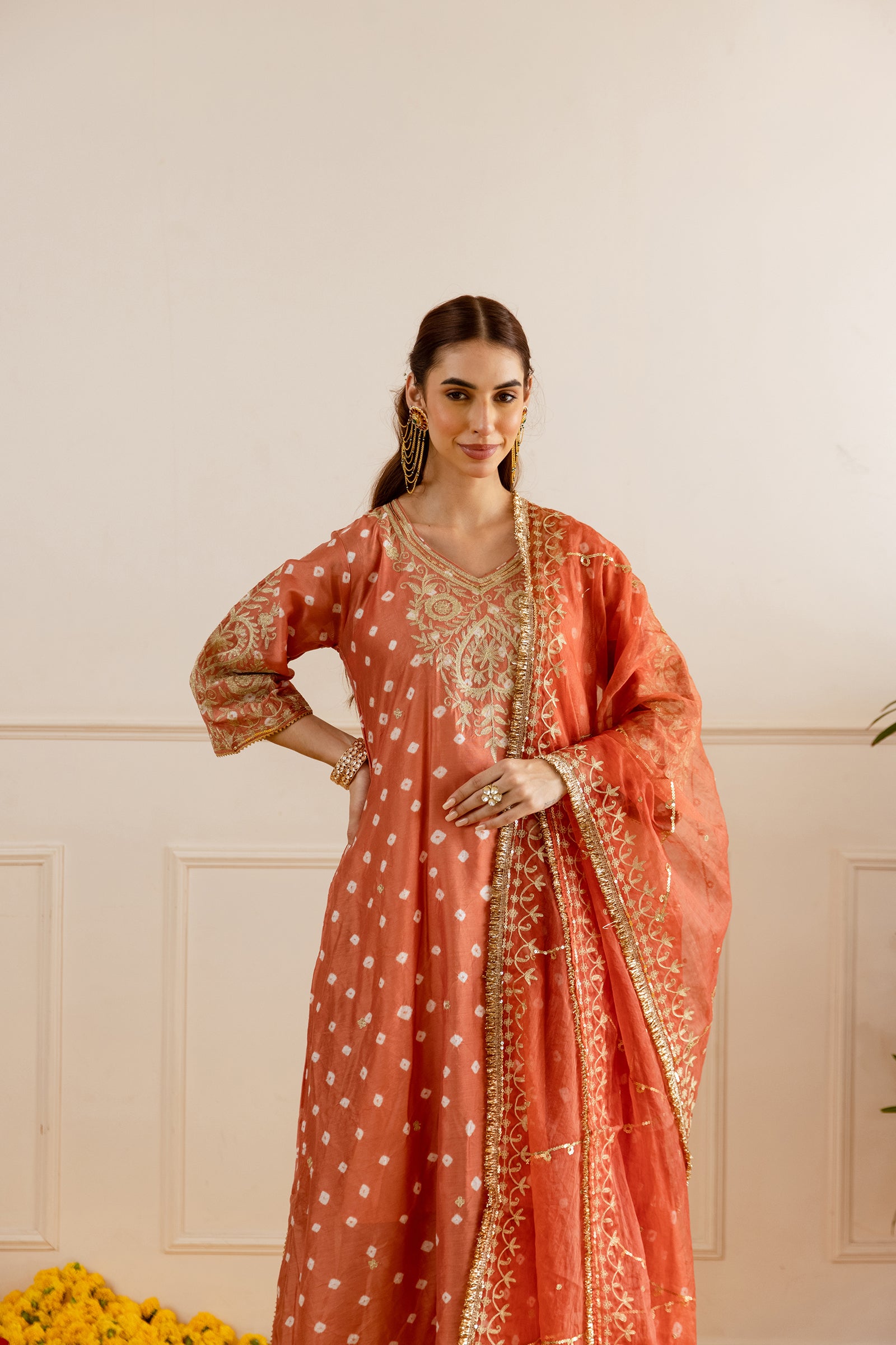 Rust Hand Bandhej Suit Set - Asrumo