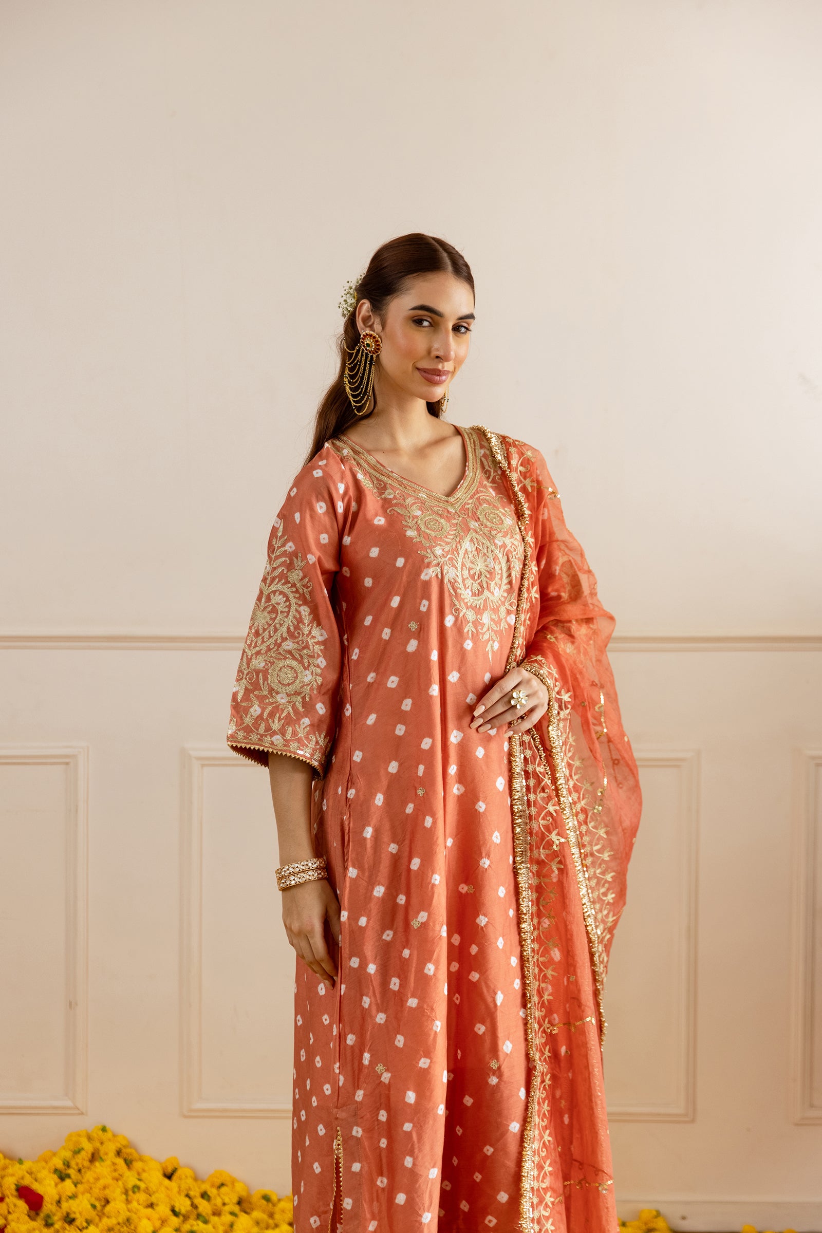 Rust Hand Bandhej Suit Set - Asrumo