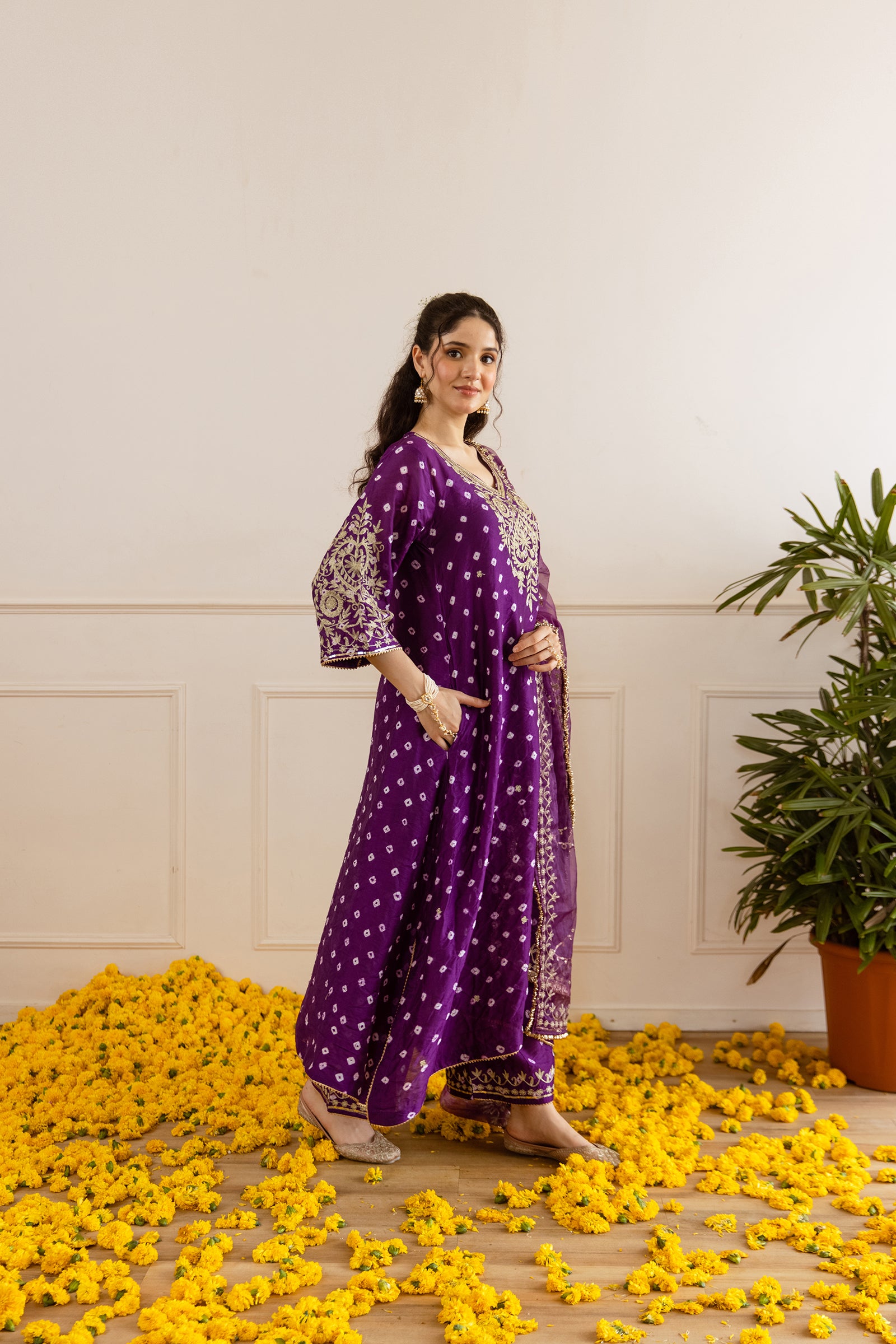 Royal Purple Hand Bandhej straight Suit Set - Asrumo