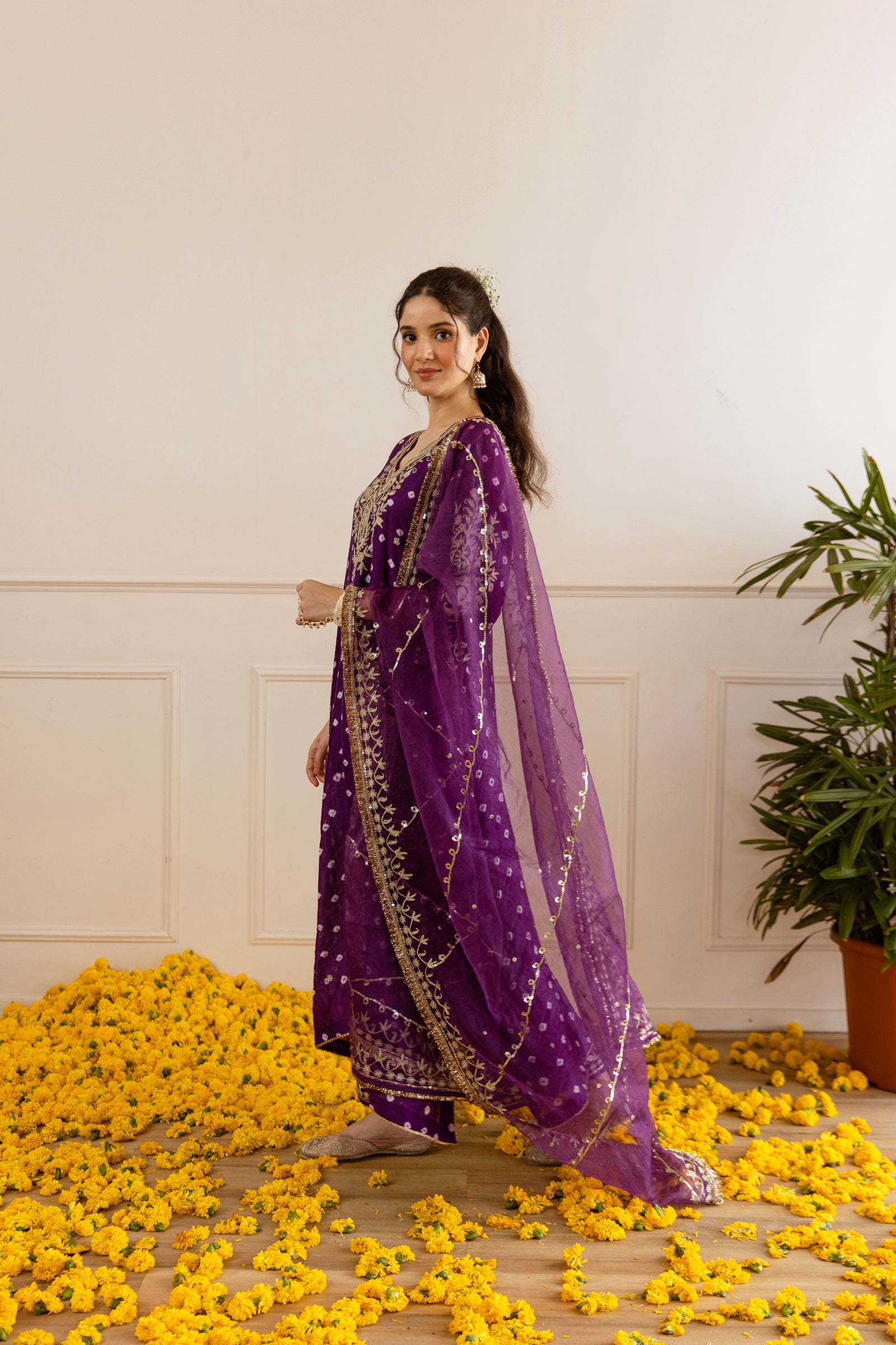Royal Purple Hand Bandhej straight Suit Set - Asrumo
