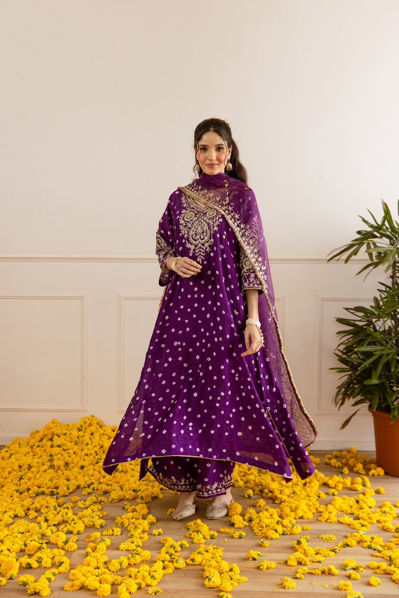 Royal Purple Hand Bandhej straight Suit Set - Asrumo