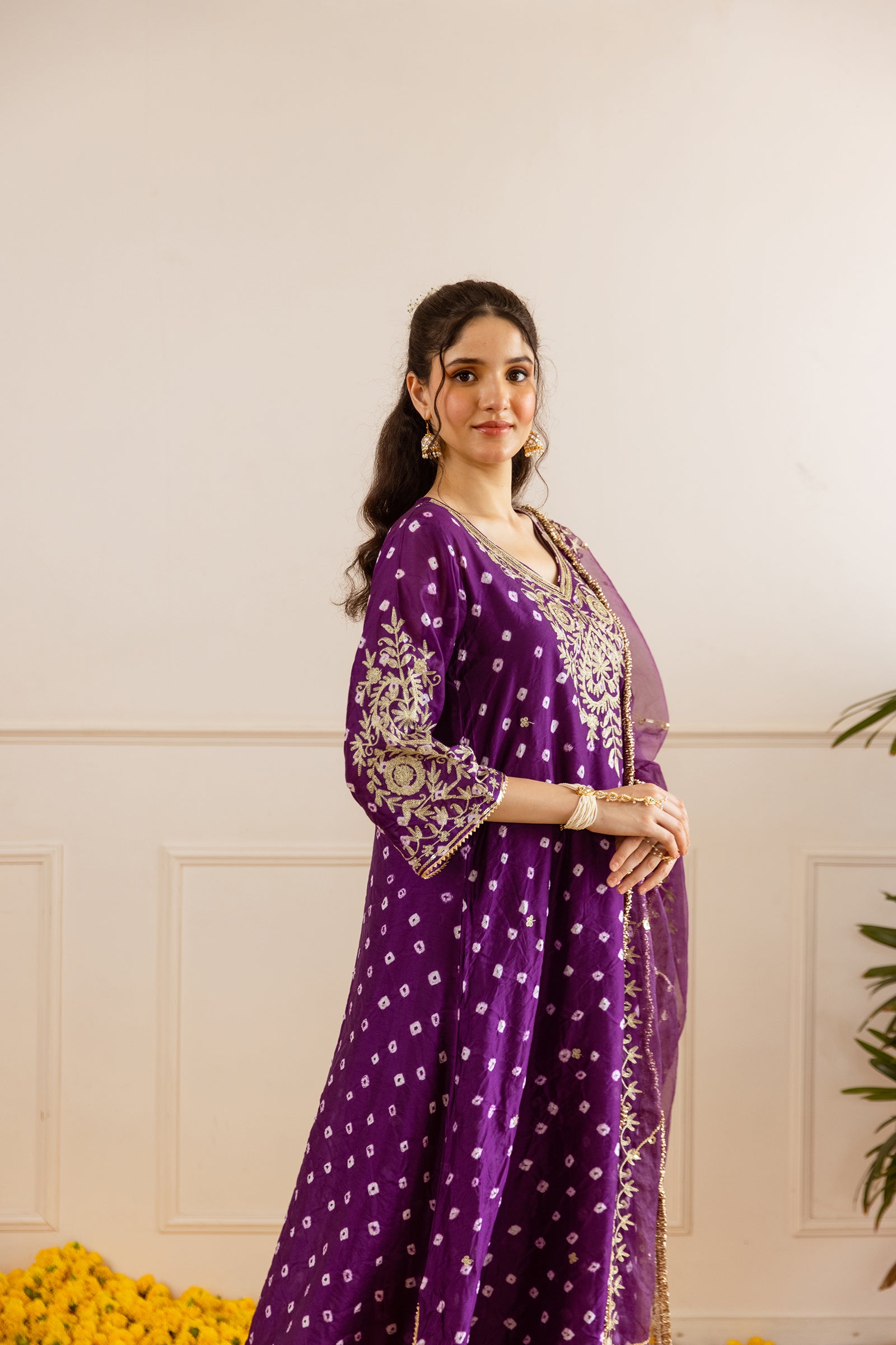 Royal Purple Hand Bandhej straight Suit Set - Asrumo