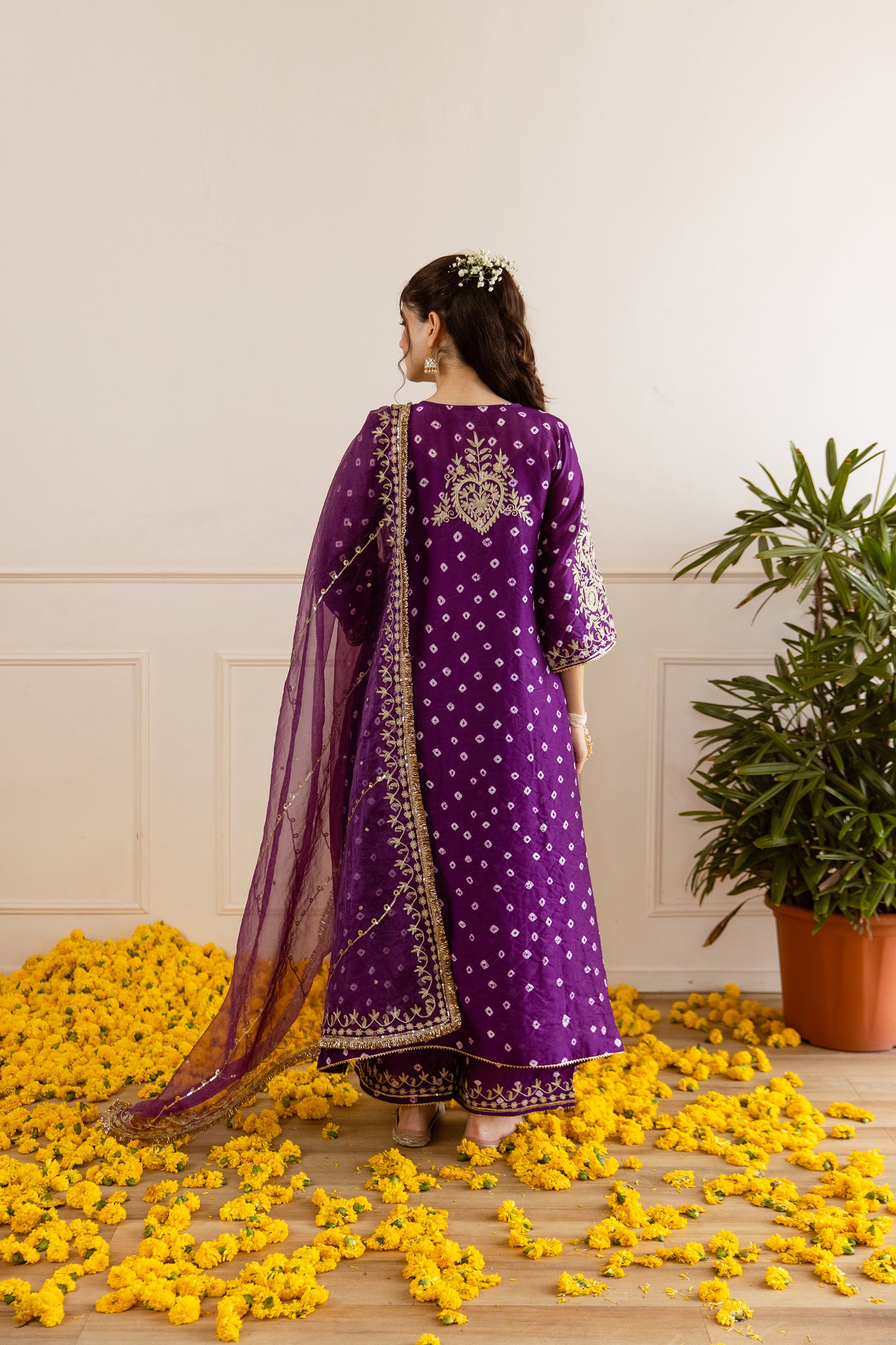 Royal Purple Hand Bandhej straight Suit Set - Asrumo