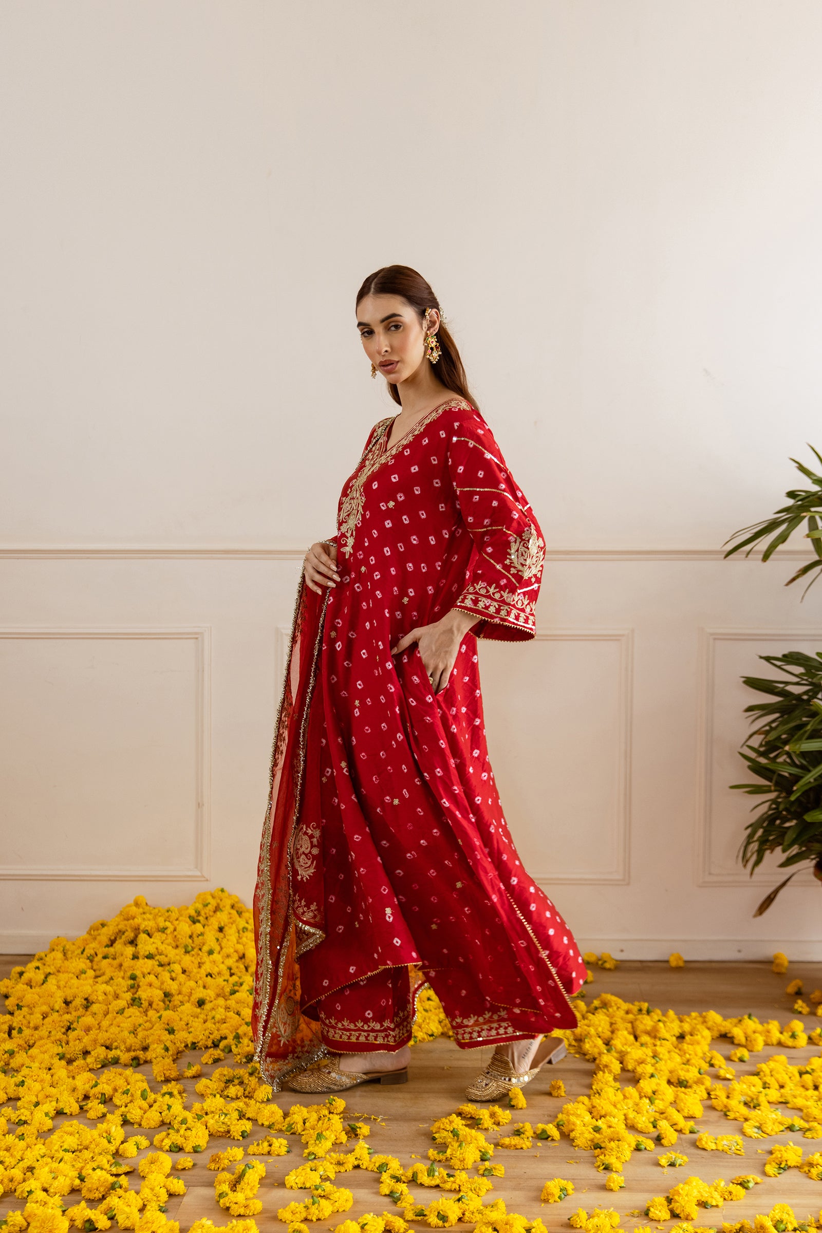 Festive Red Hand Bandhej Straight Suit Set - Asrumo