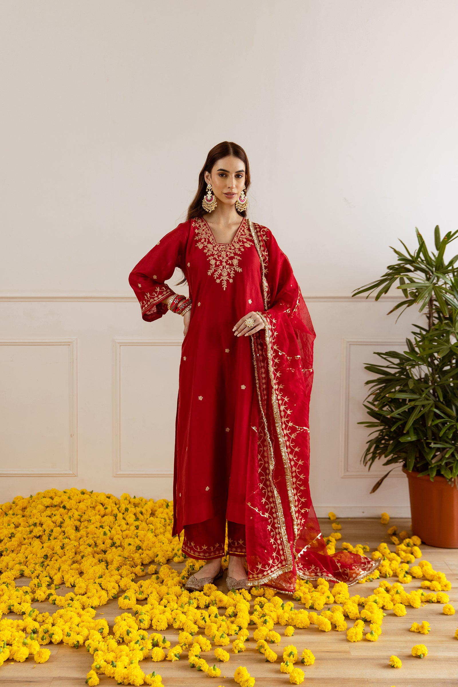 Red Chanderi Three Kali Kurta Set - Asrumo