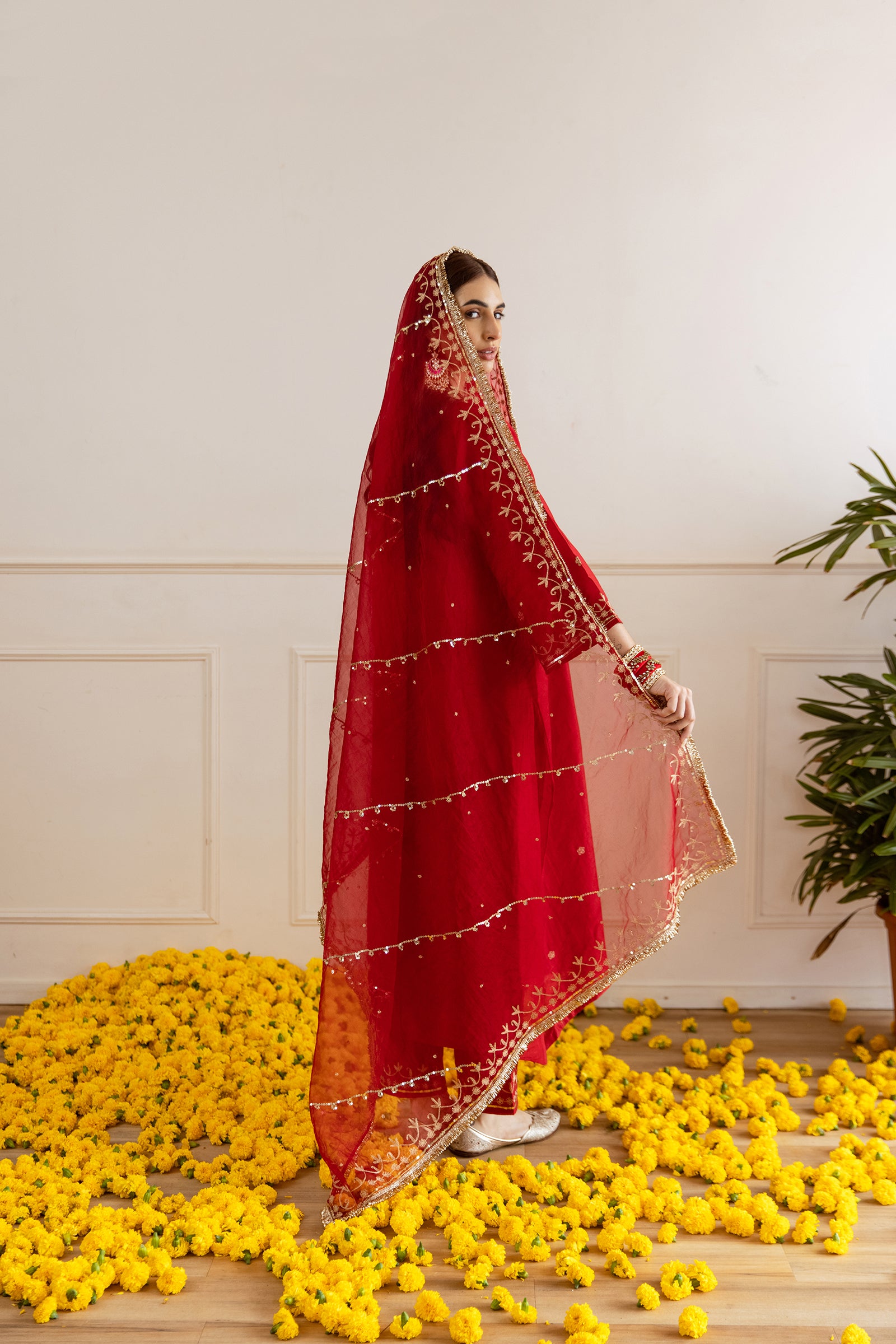 Red Chanderi Three Kali Kurta Set - Asrumo