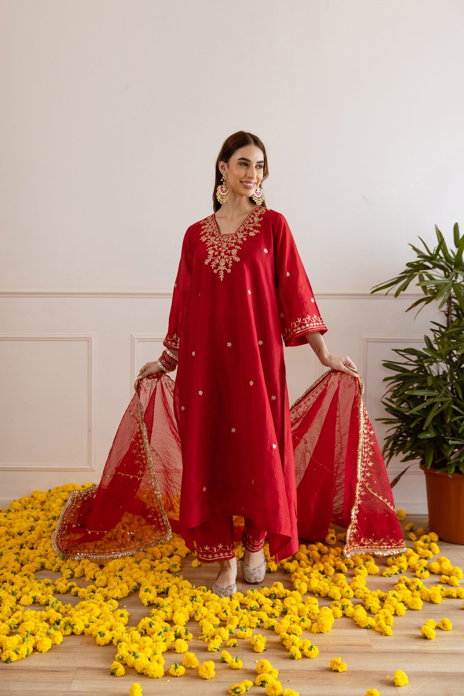 Red Chanderi Three Kali Kurta Set - Asrumo