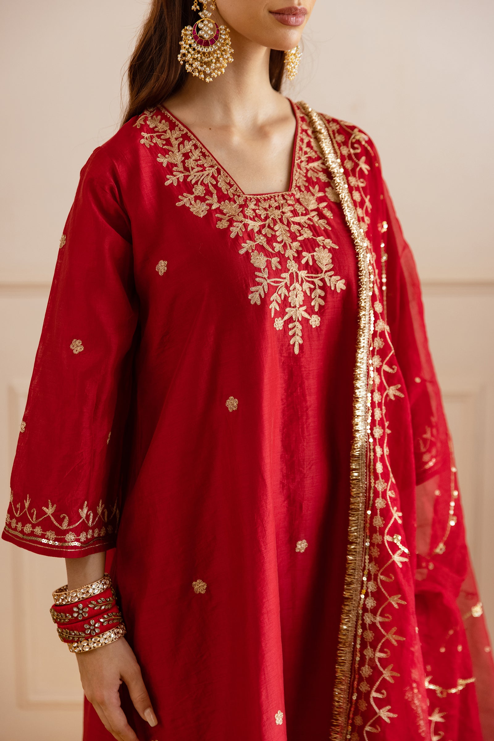 Red Chanderi Three Kali Kurta Set - Asrumo